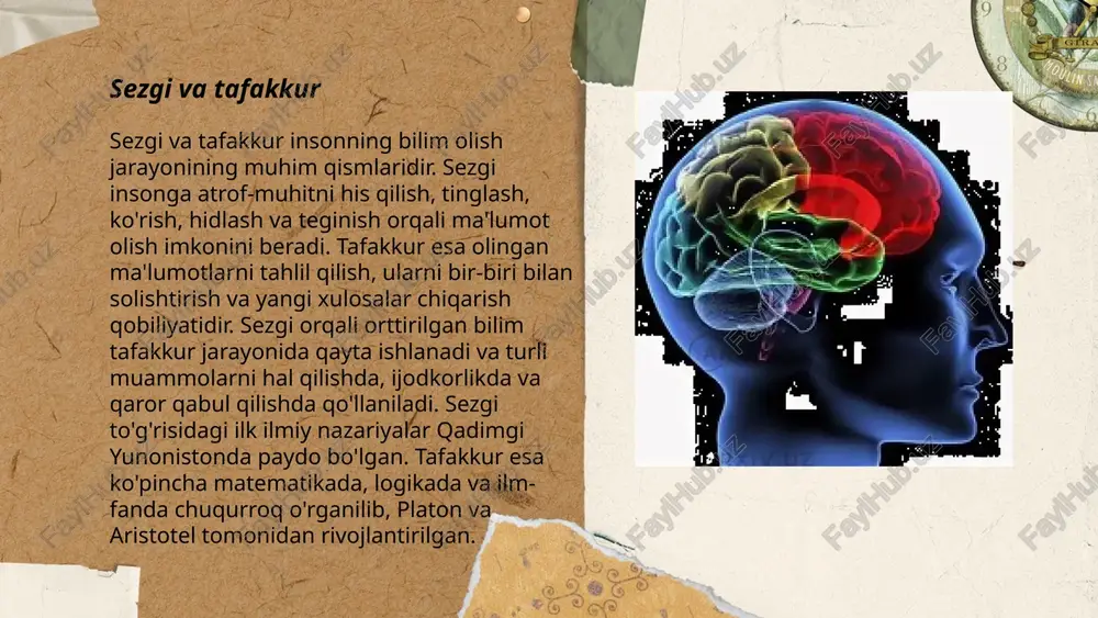 idir. masalan, tasavvurlar va ichki tuyg'ular orqali ijodiy jarayonni rag'batlantiradi. o'xshashliklar ham mavjud: ikkalasi ham shaxsni chuqurroq o'rganishga va ifodalashga yordam beradi. san'atni tushunishda sezgi muhim rol o'ynaydi, chunki ko'p hollarda san’at asarining ma'nosi va mazmuni sezgi orqali anglanadi, bu esa ijodiy jarayonni boyitadi. ... t.me/slaydai_bot sezgi va tafakkur jarayoni sezgi va tafakkur jarayoni inson ongining murakkab jarayonlaridan biridir. sezgi, atrof-muhitni qabul qilish va yashirin xabarlarni aniqlash qobiliyatini anglatadi. tafakkur, esa mantiqiy mulohaza va muammolarni hal qilish imkoniyatini beradi. ushbu jarayonlar bir-birini to'ldiradi: sezgi ko'pincha tezkor javoblarni beradi, tafakkur esa chuqur o'ylashni talab qiladi. zamonaviy tadqiqotlar ko'rsatishicha, odamlar qaror qabul qilishning 90% ga yaqin qismini sezgi asosida amalga oshirishadi. tafakkur jarayonlari esa ilmiy va analitik ishlar uchun muhimdir. insonning muvaffaqiyati sezgi va tafakkurni muvozanatli qo'llay olishiga bog'liq. ... t.me/slaydai_bot sezgi va qisqa vaqtli xotira psixologiyada muhim mavzulardan biridir. sezgi, tashqi muhitdan ma’lumot oluvchi jarayon bo‘lib, qisqa vaqtli xotira esa bu …