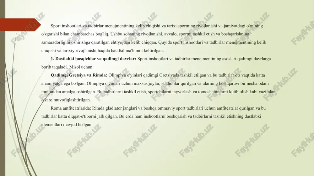 va tadbirlar menejmenti: bugungi kunda sport inshootlari va tadbirlar menejmenti dunyo bo'ylab keng tarqalgan va zamonaviy texnologiyalar bilan boyitilgan. katta stadionlar, sport zallari va boshqa inshootlar, o'zining murakkab boshqaruv tizimlari bilan alohida o'rin tutadi. global sport tadbirlari: olimpiya o'yinlari, jahon chempionatlari, super bowl va boshqa yirik sport tadbirlari uchun sport inshootlarini boshqarish va tadbirlarni tashkil etish jahon miqyosida yirik iqtisodiy faoliyatga aylangan. ular uchun innovatsion boshqaruv tizimlari, ilg'or texnologiyalar va marketing strategiyalari ishlab chiqilmoqda. barqarorlik va ijtimoiy mas'uliyat: bugungi kunda sport inshootlari va tadbirlar menejmenti barqaror rivojlanish, atrof-muhitni himoya qilish, ijtimoiy mas'uliyatni hisobga olish kabi tamoyillarga asoslangan. ekologik jihatlar, xavfsizlik va ijtimoiy masalalar ham sport tadbirlarini tashkil etishda muhim o'rin tutadi. sport inshootlari va tadbirlar menejmenti, o'zining tarixiy rivojlanishida, qadimgi davrlardan to zamonaviy sportga qadar bo'lgan keng ko'lamli jarayonni o'z ichiga oladi. bu soha, sportning ommalashuvi, texnologik taraqqiyot va iqtisodiy ehtiyojlarga javoban shakllanib, bugungi kunda katta yirik global sanoatga aylangan. …