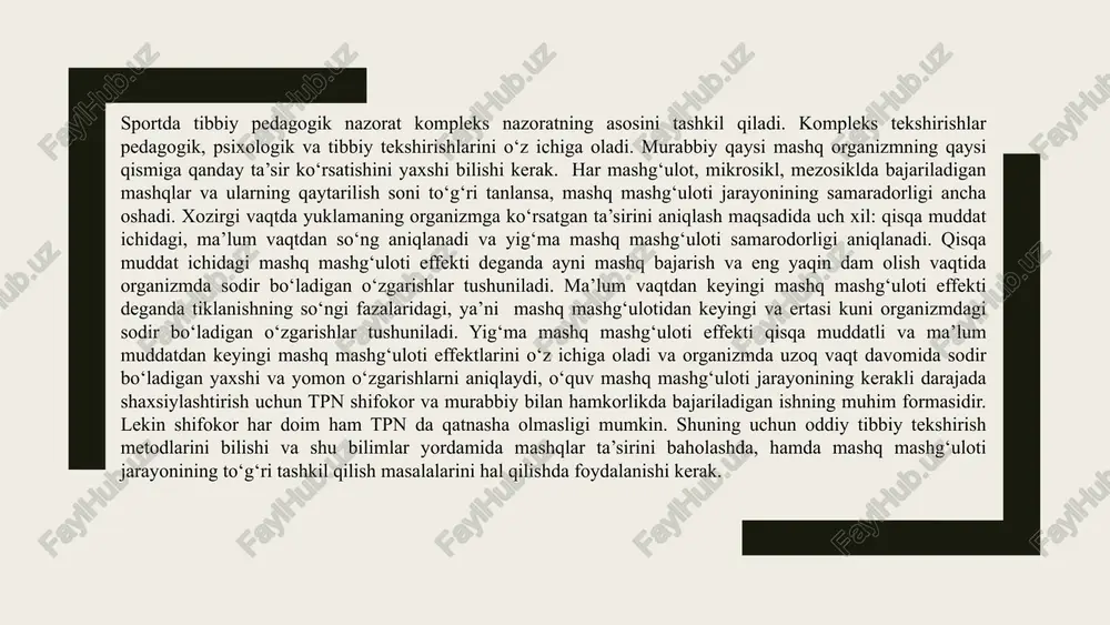ir minutda tomir urishi o‘rtacha 70 marta; - mashg‘ulot bajarish to‘xtaganda tomir urishi bor-yo‘g‘i 100-130 martagacha tezlashsa, mashg‘ulot hajmi meyordan kam hisoblanadi. bunday mashg‘ulot shug‘ullanuvchini chiniqtirmaydi; - tomir urishi 140-160 martaga tezlashsa, mashg‘ulot hajmi o‘rtacha intensivlikda deb baholanadi. mashg‘ulotning bu hajmi jismoniy tarbiya darsi uchun hamda sport trenirovkasini boshlanish davri uchun etarli bo‘ladi; - tomir urishi 170-180 martagacha tezlashsa, mashg‘ulot hajmi yuqori (maksimal) intensivlikda deb hisoblanadi. mashg‘ulotning bu hajmi malakali sportchilarning chiniqishi uchun etarli deb baholanadi; - agar tomir urishi 190-200 marta va undan ham tezlashsa, mashg‘ulot bajaruvchining rangi oqarsa, lablari ko‘karsa, nafasi qisib qolsa, yurak-tomir tizimining zo‘riqqanligi ma’lum bo‘ladi. demak, o‘qituvchi yoki trener shug‘ullanuvchining funksional holatini hisobga olmay, katta hajmda mashg‘ulot o‘tkazgan hisoblanadi. bu noto‘g‘ri deb baholanadi. 3.mashg‘ulot bajaruvchi arterial qon bosimining o‘zgarishini baholash. - mashg‘ulotdan oldin tinch holatda maksimal arterial qon bosim 110-130 mm minimal arterial qon bosim 65-80 mm simob ustuniga teng bo‘lishi mumkin; - agar mashg‘ulot …