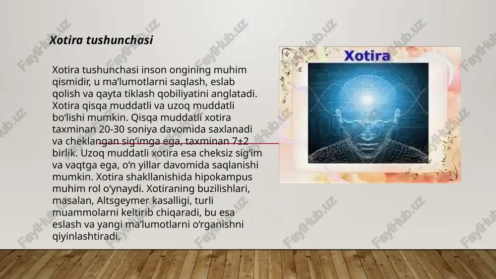 i. masalan: keksa kishilar gaplaridan adashib ketadi. ilgari gapirgan gaplari esidan chiqib yana o'sha gapni gapiradalar. muvaqqat nerv aloqalari assosiasiyalarini hosil qiluvchi fiziologik mexanizmdir. assosiasiya bizning xotiramizda mustahkamlangan va ongimizda qayd qilingan ayrim voqea hodisalarning o'zaro bog'lanishidir, biror buyumni esda olib qolish uni boshqa buyumlar bilan bog'lash orqali amalga oshiriladi. "muvaqqat nerv bog'lanishlar" deb yozadi. i.p. pavlov hayvonot olamida va bizning o'zimizda ham bo'ladigan eng umumiy fiziologik hodisadir. chaqaloqlik xotirasi chaqaloqlik xotirasi - inson hayotidagi ilk davrlarning asosliligi bilan bog‘liqdir. toshkent bolalar tadqiqot markazining 2021 yilgi tadqiqotiga ko‘ra, ilk 3 yil ichida bolaning miyasi 80% rivojlanishini amalga oshiradi. shu davrda olingan tajribalar bolaning keyingi hayotida ijtimoiy va emotsional ko‘nikmalariga ta’sir qilishi mumkin. bolalar 6 oylikdan boshlab atrofdagi muhitni eslab qolishga qodir. tadqiqotlar shuni ko‘rsatadiki, bolalikdagi ilk xotiralar odatda 4-5 yoshlarda amalga oshirilgan hodisalar bilan cheklanadi. bu jarayonda ota-onalar va yaqinlari tomonidan berilgan mehr va e'tibor muhim rol o‘ynaydi. bolalikdagi xotira …