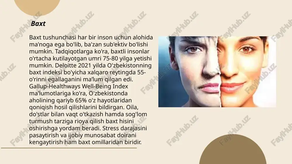 ng hissi inson miyasida 45 soniya ichida shakllanishi mumkin. psixologik taxminlarga ko'ra, nafret boshqa emotsiyalardan kuchliroq signal sifatida ijtimoiy aloqalarga ta'sir qiladi. nafratning engilgan mustahkamligi esa o'rtacha 2 haftagacha davom etishi mumkin. nafratning to'planishi esa jiddiy psixologik zarar keltirishi mumkin, bu esa jiddiy stress yoki agressiv hulq-atvorda namoyon bo'ladi. ... t.me/slaydai_bot sevgi sevgi inson hayotining muhim qismi bo'lib, u turli shakllarda ifodalanadi. jinsiy, ota-ona va do'stlik sevgisi kabi ko'plab turlari mavjud. o'zbekistonda oila va sevgi qadriyatlari yuqori baholanadi. unesco'ning ma'lumotlariga ko'ra, o'zbeklarning 80% dan ortig‘i oilaviy qadriyatlarni saqlashni muhim deb hisoblaydi. statistika shuni ko'rsatadiki, har yili dunyo bo‘ylab taxminan 5 million juftlik nikohdan o‘tadi, ularning aksariyati o‘zaro sevgi asosida birlashadi. sevgi psixologik va biologik jihatlarga ega bo‘lib, ko'pincha dopamin va oksitotsin kabi moddalar orqali boshqariladi. bu moddalar insonda quvonch va xotirjamlik hissini oshiradi. bo'ribek akramov (ba) - ... t.me/slaydai_bot umidsizlik mavzusida ma'lumot bera olaman. jahon sog'liqni saqlash tashkiloti (jsst) ma'lumotlariga …