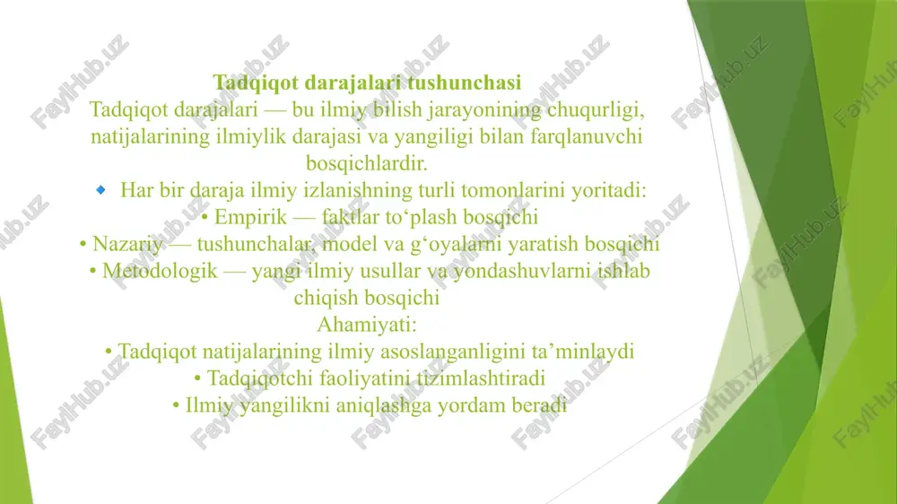 i. • ilmiy natijalar sifatli bo‘lishi uchun tadqiqotchi ushbu uch darajani to‘liq egallashi zarur. 📘 yakuniy fikr: tadqiqot darajalari — bu ilmiy izlanishning poydevori, yo‘nalishi va cho‘qqisidir. e’tiboringiz uchun raxmat. image1.jfif image2.jfif /docprops/thumbnail.jpeg