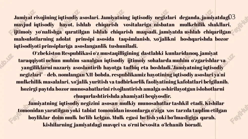 ‘plab avlodlari bosib o‘tgan murakkab va fojealarga to‘la tarixiy yo‘ldan dalolat beradigan izlarga qarab xulosa chiqarish mumkin. shunga qaramay inson va jamiyat kelib chiqishining to‘liq manzarasi fanda hanuzgacha yaratilmagan. jamiyat kelib chiqishining diniy talqini ham (u o‘z mifologiyasini haqiqat deb tan olishni talab qiladi), idealistik kontseptsiya (o‘zining spekulyativligi tufayli) va materializm (ilmiy dalillar etarli emasligi bois) ham asosli e’tirozlar uyg‘otadi. kant materializmdan inson ruhining tabiatini tushuntiruvchi tamoyil sifatida foydalanish hech qachon mumkin emas, deganida, ma’lum ma’noda haq edi. ammo, daliliy ma’lumotlar ozligiga qaramay, biz jamiyatning vujudga kelish manzarasini ancha aniq yaratish imkonini beradigan ilmiy dalillarga ishonch bilan qarash lozim, deb hisoblaymiz. etarli tabiiy kuchga ega bo‘lmagan. inson o‘zining hayvonlar xulq-atvorini kuzatish va ularga taqlid qilish qobiliyati bilan yashab qolish imkoniyatini qo‘lga kiritgan. o‘z navbatida taqlidga asoslangan xulq-atvor ramziy belgilar, keyinchalik esa nutq vujudga kelishiga asos bo‘lgan. 06 jamiyat rivojining siyosiy asoslari. fuqarolik jamiyati, davlat boshqaruvi va demokratiya. rivojlangan ijtimoiy tizimga …