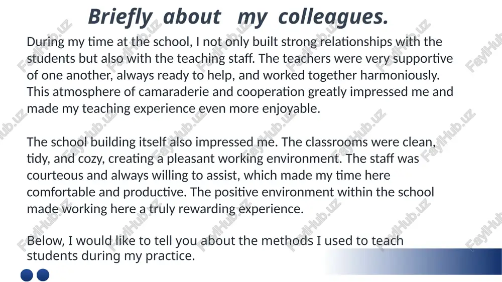 guided students through clear stages. the first step was brainstorming ideas, the second was creating an outline, the third was writing the text, and finally, reviewing it. by following these steps, students learned to tackle challenging tasks with ease. when applying these methods, i made sure to consider each student's individual abilities. while some students grasped concepts quickly, others required additional exercises and explanations. therefore, it was essential to prepare each lesson thoroughly and monitor students' progress. the "follow the steps" method photos during lessons during my teaching practice, my students and i decided to organize a special celebration for teacher’s day to honor and appreciate the hard work of our teachers. the main goal of this event was to show respect and gratitude to the teachers and create a joyful occasion for them. the students prepared various performances, including poems, songs, and skits for the event. the celebration was …