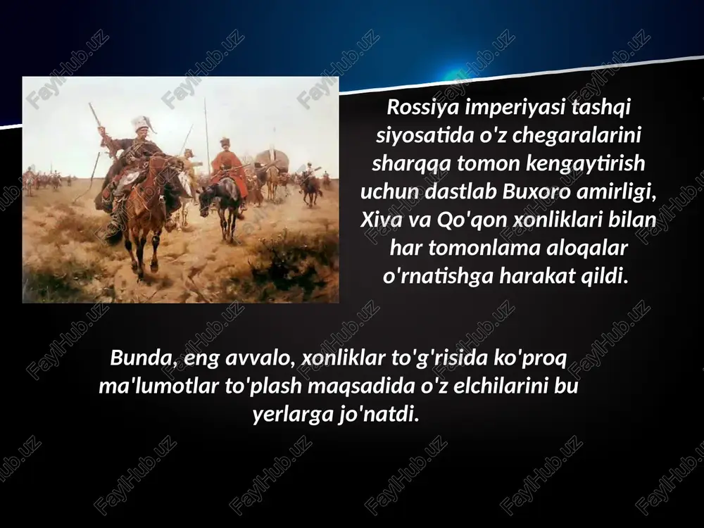 chi yarmida o'rta osiyo xonliklari o'rtasidagi uzoq vaqt davom etgan o'zaro urushlar ularning iqtisodiy va harbiy jihatdan zaiflashib qolishiga olib keldi. bunday vaziyat oxir-oqibat xonliklarning istilo qilinishlarini osonlashtirdi. shunday qilib, xix asrning o'rtalariga kelib xonliklar o'rtasidagi o'zaro urushlar, ichki nizo va ziddiyatlar, davlat boshliqlarining uzoqni ko'zlab ichki va tashqi siyosat olib bormaganliklaridan nochor ahvolga tushib qoldi. shunday vaziyatda rossiya imperiyasi hukumati o'zining siyosiy, iqtisodiy va geopolitik manfaatlarini ko'zlab o'rta osiyoga harbiy istilochilik harakatlarini boshlaydi. o'rta osiyoning rossiya imperiyasi tomonidan bosib olinishi to'rt bosqichda amalga oshirildi. birinchi bosqich- 1847-1865-yillarda rossiya imperiyasi tomonidan qo'qon xonligining shimoliy-g'arbiy viloyatlari va toshkent shahri istilo qilindi. istilo etilgan hududlarda orenburg general-gubernatorligi tarkibiga kiruvchi turkiston viloyati tashkil etildi. ikkinchi bosqich — 1865—1868-yillarni qamrab olgan bo'lib, bunda qo'qon xonligi va buxoro amirligiga qarshi istilochilik harakatlari amalga oshirildi. uchinchi bosqich - 1873-1879-yillar davomida xiva va qo'qon xonligi yerlarini bosib olishdan iborat bo'ldi. to'rtinchi bosqich – 1880 – 1885 - …