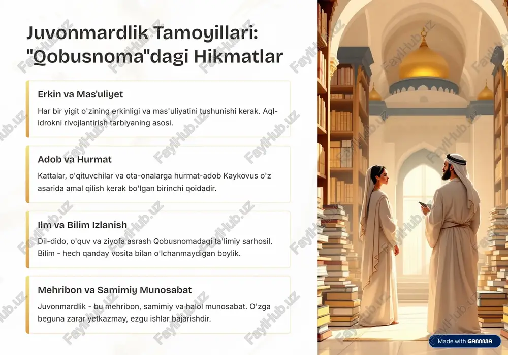 voiyning ijodida chuqur ijtimoiy-pedagogik fikrlar mujassam. halollik, ezgulik va inson sevgisi uning asarlarining asosiy mavzusidi. https://gamma.app/?utm_source=made-with-gamma navoiy asarlarida barkamol shaxs tarbiyasi g'oyalari til va milliy fargo'lilik navoiy o»z tilini asrab qolish va rivojlantirishni ta'limning muhim vazifasi sifatida ko»rsatgan. mataniy yangi zamon faoliyatida til 4 milliy keskin biladi. barkamol shaxsning sifatlari qaysi vaqtda o»quvchan, mulohazali, odobli va har qanday soha- balala uchun tayyorliq ko»rsatuvchi inson tarbiyalashi kerakligini navoiy ta'limbozlarga tavsiya etgan. san'at va bilimning taollufi navoiy san'at, adabiyot va ilm-fanni ta'limning asosiy ustuni deb belgilagan. barkamol inson 4 san'at va fan-bilim bilgan, qora-oq tushunchani farqlovchi vatan severdir. axloqiy mas»uliyat har bir o»quvchin o'z jamiyati va vatan oldida mas»ul 4 navoiy bu fikrni o'z ijodida toraygina-qo'l bilan namoyish etgan. https://gamma.app/?utm_source=made-with-gamma xulosa: buyuk mutafakkirlar merosining bugungi kun uchun ahamiyati ta'lim va tarbiyaning alohida vazifasi kaykovus, ulug»bek, jomiy va navoiy ta'lim va tarbiyaning har bir aspoktiga diqqat qilgan. ularning fikri 4 ta'lim nafaqat bilim …