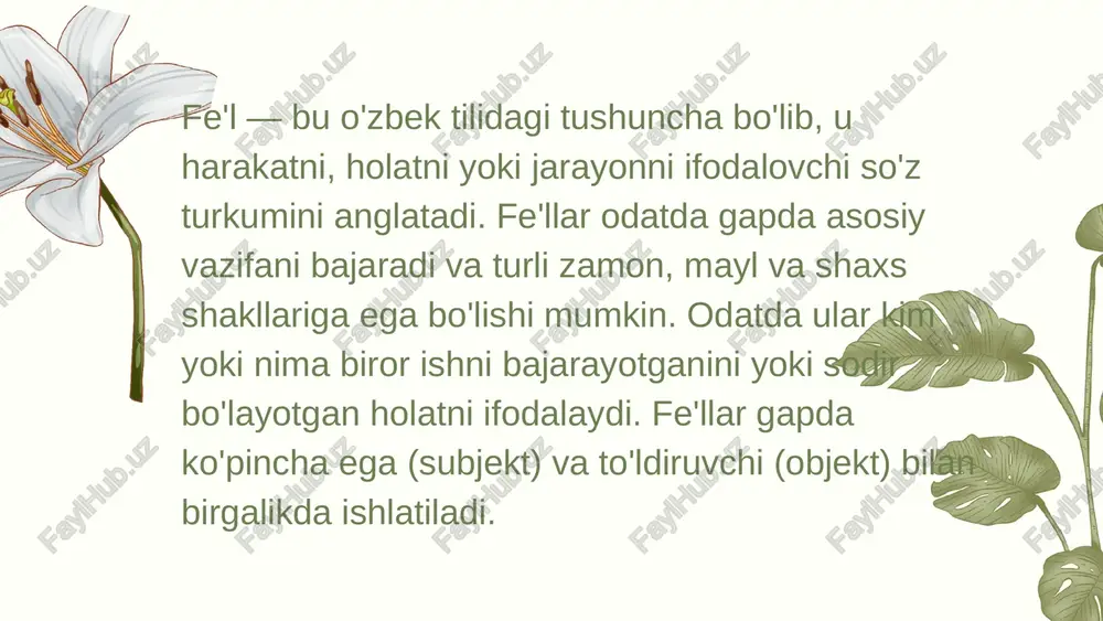 : mening maqsadim - o`qish. o'qish ulg'ayishdir. 3. aniqlovchi: o'qishning foydasi ko'p. menga boshqaruv pultini topshirishdi. 4. to'ldiruvchi: botirlar qo`rquvni bilmaydilar. ukam o`qishni davom ettirdi. 5.hol: men o'qishga kirdim. ular tekshirishga kelishibdi.va eʼtiboringiz uchun tashakkur image1.png image2.png image3.png image4.png image5.jpeg /docprops/thumbnail.jpeg