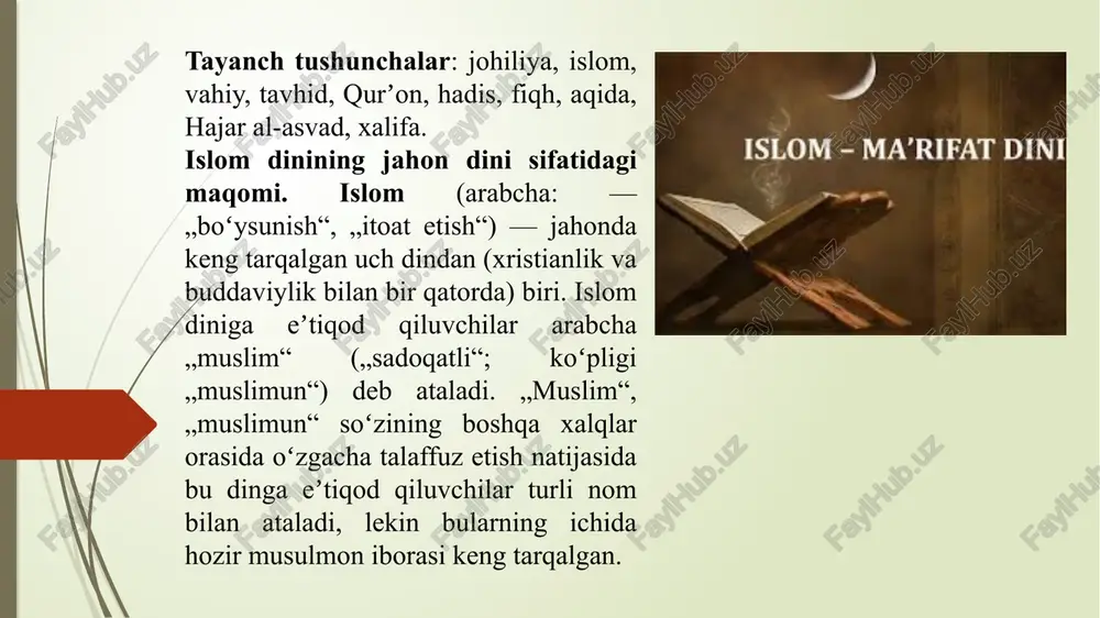 lar musulmon xalqlarining turmush tarzida chuqur ildiz otgan. markaziy osiyoga islomning kirib kelishi esa bu yurtlarda ilm-fan, madaniyat va ma’naviyat ravnaq topishiga sabab bo‘ldi. image1.jpeg image2.jpeg image3.png image4.jpeg /docprops/thumbnail.jpeg