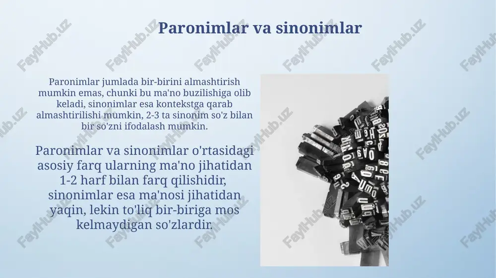 matnlarni tahlil qilishda muhim ahamiyat kasb etadi. paronimlar bilan bog'liq mashqlar paronimlarni o'z ichiga olgan 15 ta gapdan iborat matn berilib, undagi xatolarni topish va to'g'rilaydigan mashq, so'ngra grammar va vocabulary bo'yicha baholash amalga oshiriladi. matnda uchraydigan 10 ta paronimni aniqlab, ularning sinonimlari va antonimlarini topish, shuningdek, har bir paronim bilan 2 ta gap tuzish vazifasi beriladi. paronimlar nima? ba'zi paronimlar morfologik tuzilishi bilan ham farq qiladi, masalan, ot va sifat paronimlari (5 ta farqni aniqlash mumkin) yoki fe'l va ot paronimlari. paronimlar – fonetik jihatdan o'xshash, lekin leksik ma'nosi va grammatik vazifasi farq qiladigan so'zlardir, masalan, 20 ga yaqin paronim juftliklarini o'zbek tilida uchratish mumkin. til madaniyatida paronimlarning o'rni til madaniyatida paronimlarning aniq ma’no farqini tushunish, 2-3 ta so’zning sinonimik qatorini farqlash va ularni to’g’ri qo’llashda muhim ahamiyat kasb etadi, bu esa nutq madaniyatini yuksaltirishga xizmat qiladi. o’zbek tilining boy leksik tarkibida 500 dan ortiq paronim mavjud bo’lib, ularning …