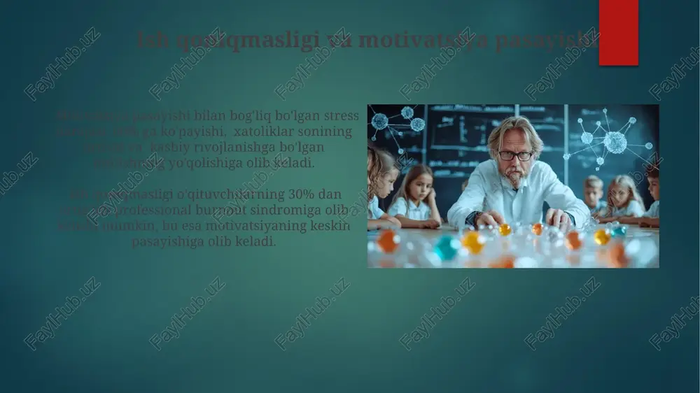 ik yordam, o'qituvchilarning 30% gacha kuzatilgan stress darajasini 15% ga kamaytirishga yordam beradi, bu esa ularning pedagogik samaradorligini oshiradi. o'z-o'zini anglash va o'ziga ishonchning pastligi o'z-o'zini anglashning pastligi, o'qituvchilarning 30% gacha bo'lgan qismida kuzatilib, professional kuyish sindromi va stressga olib kelishi mumkin, natijada pedagogik faoliyat samaradorligining pasayishiga olib keladi. o'ziga nisbatan haddan tashqari tanqidiy munosabat va o'z imkoniyatlarini past baholaydigan 25% o'qituvchilar o'zlarini doimiy ravishda kamsitishlari va professional rivojlanishdan chetlatilishlari mumkin. o'quvchilar bilan munosabatlardagi psixologik muammolar o'quvchilar bilan samarali aloqa o'rnatishda qiyinchiliklarga duch kelayotgan o'qituvchilarning 40%ida o'z-o'zini hurmat qilishning pasayishi va past kayfiyat kuzatiladi, natijada depressiya xavfi ortadi. o'quvchilarning agressiv xatti-harakatlari va qiyin fe'l-atvorlari o'qituvchilarning 65%ida ruhiy zo'riqish va emotsional charchoqni keltirib chiqaradi, bu esa professional samaradorlikka salbiy ta'sir qiladi. rolli mojarolar va ichki ziddiyatlar pedagogik innovatsiyalarni joriy etish bilan bog'liq bo'lgan noaniqlik va qarshiliklar o'qituvchilarning ichki ziddiyatlarini, xususan, an'anaviy uslublarga sodiqlik va yangi texnologiyalarni o'zlashtirish zarurati o'rtasidagi kurashni kuchaytiradi. …