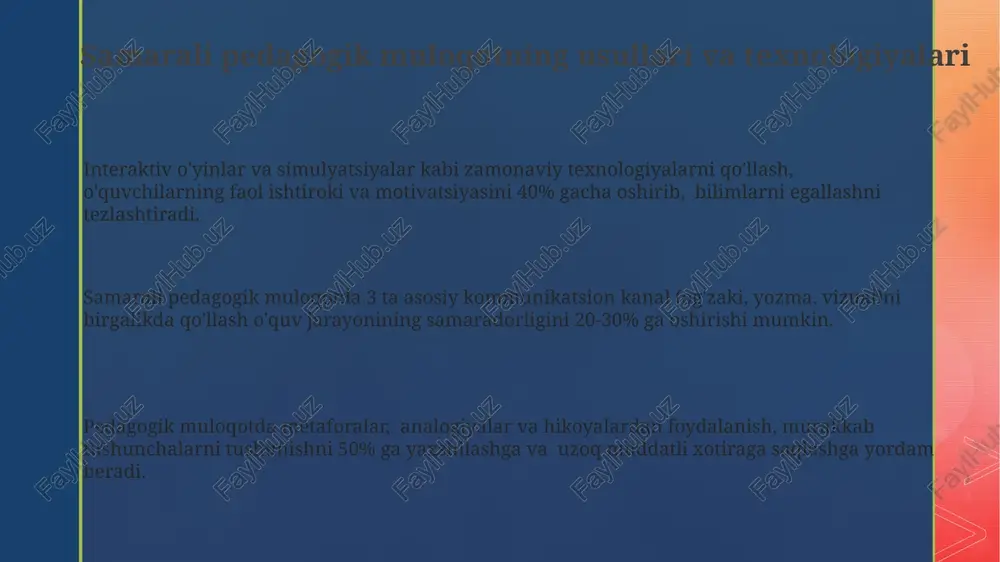 anda, darslarga faolroq qatnashadilar va o'rganishga bo'lgan motivatsiyalari ortadi. muloqot jarayonida o'qituvchining nutq tempini, ohangini va tana tilini o'zgartirish orqali, o'quvchilarning e'tiborini 2 barobar oshirish va tushunish darajasini yaxshilash mumkin. o'qituvchi va o'quvchining o'zaro ishonch darajasi, 5 ta asosiy psixologik omilga (masalan, empatiya, hurmat, ochiqlik) bog'liq bo'lib, ta'lim samaradorligiga 30% gacha ta'sir ko'rsatishi mumkin. e'tiboringiz uchun rahmat @taqdimot_robot image2.png image3.png