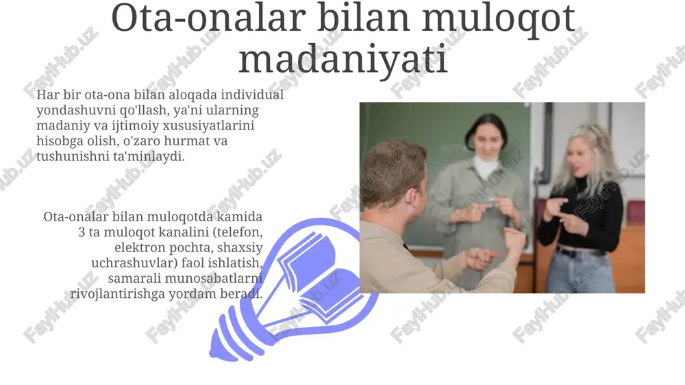 ilik, halollik, mas’uliyatlilik, hurmat va intizomlilik. bu qoidalar o‘quv jarayonining samaradorligini oshiradi. o'qituvchining shaxsiy namunasi o'qituvchining vaqtiga rioya qilishi, mas'uliyatli va tartibli bo'lishi – bu o'quvchilar uchun o'z-o'zini tashkil etishning muhim asosi va ularga namunadir. o'qituvchining o'ziga xos nutq madaniyati, ya'ni to'g'ri va aniq so'zlash ko'nikmalari, shu jumladan kamida 5 ta turli uslubda muloqot qilish qobiliyati, o'quvchilarga namuna bo'ladi. o'qituvchining kasbiy etikasi o'qituvchining kasbiy etikasi talabalarga nisbatan adolatli va xolisona munosabatni, ya'ni kamida 20 nafar talabaga teng imkoniyatlar yaratishni, ularning individual farqlarini hisobga olishni o'z ichiga oladi. pedagogik etika doirasida o'qituvchi o'zining professional malakasini muntazam ravishda oshirib borishi, yiliga kamida 20 soat o'qituvchilik mahoratini oshirishga bag'ishlashi kerak. adolat va xolislik tamoyillari 01 02 xolislik tamoyili o‘qituvchiga o‘quvchilarning ijtimoiy-iqtisodiy holatini inobatga olmasdan, ularning bilim va ko‘nikmalarini ob’ektiv baholashni majbur qiladi, bu esa kamida 2 ta mustaqil kuzatuvchining ishtirokini talab qilishi mumkin. sales 1st qtr 2nd qtr 100 0 sales 1st qtr …
