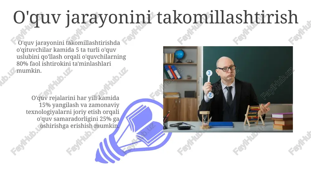 o echish kuzatuv va tahlil qilish orqali olingan ma'lumotlarni 3 ta asosiy kategoriyaga ajratish, o'qituvchilarga o'z darslarini takomillashtirish uchun aniq va tushunarli maqsadlarni belgilashga yordam beradi va samaradorlikni 15% ga oshiradi. o'qituvchilarning muammoli vaziyatlarni tahlil qilish ko'nikmalarini rivojlantirish uchun kamida 5 ta turli strategiyani o'zlashtirish samaradorligini oshiradi, bu esa 30% ga yaqin o'quv natijalarining yaxshilanishiga olib keladi. o'qituvchining o'z ustida ishlashi: muhimligi 01 02 o'qituvchining o'z ustida ishlashi, kamida yiliga 30 soat professional rivojlanishga sarflashni nazarda tutadi, bu esa yangi kompetensiyalarni egallash va professional mahoratini oshirishga olib keladi. sales 1st qtr 2nd qtr 100 0 sales 1st qtr 2nd qtr 100 0 o'z-o'zini baholash va refleksiya refleksiya jarayonida, 5w1h (kim? nima? qachon? qayerda? nima uchun? qanday?) uslubiyati yordamida o'qituvchi o'z tajribasini chuqurroq tushunishi va kamchiliklarni aniqlashi mumkin. o'z-o'zini baholash natijalariga asoslanib, kamida 2 ta aniq maqsad (masalan, yangi texnologiyalarni qo'llash, o'quv dasturini takomillashtirish) belgilash va ularga erishish uchun reja tuzish …