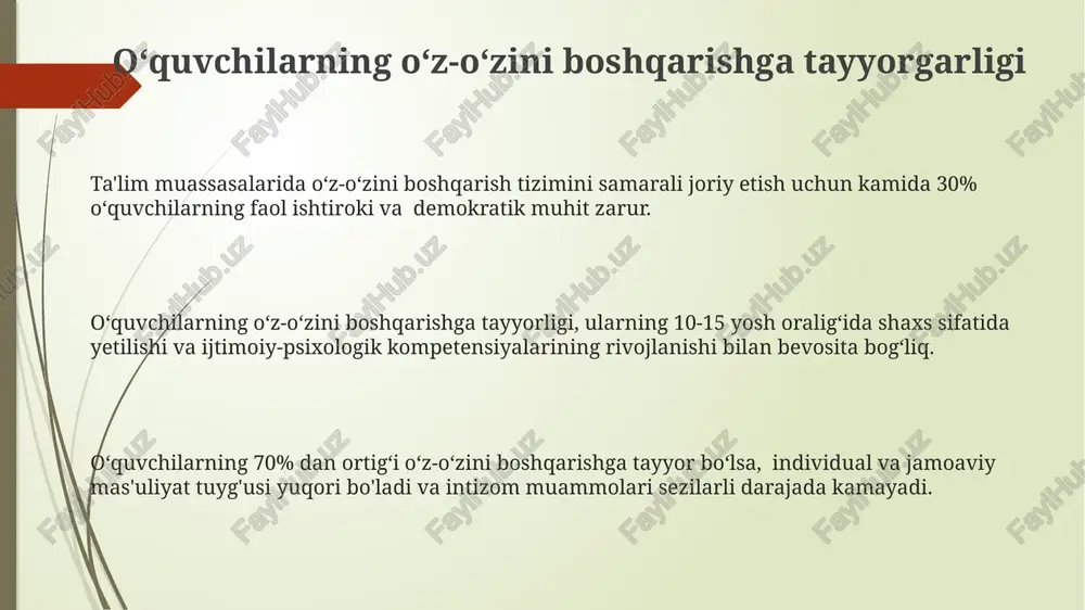 a oʻz-oʻzini tarbiyalash koʻnikmalariga bogʻliq, qolgan 70% esa oʻqituvchining qoʻllab-quvvatlashi va pedagogik texnologiyalardan foydalanishiga bogʻliq. xulosa va takliflar maktablarga o'z-o'zini baholash va rivojlantirish uchun avtomatlashtirilgan tizimlarni joriy etish, bu esa resurslarni 25% ga tejash va obyektivlikni ta'minlashga yordam beradi. pedagogik jamoalarda o'z-o'zini boshqarish madaniyatini shakllantirish uchun motivatsion dasturlarni ishlab chiqish va qo'llash, bu esa faol ishtirokni 30% ga oshiradi. o'qituvchilarning o'z-o'zini boshqarish kompetensiyasini oshirish bo'yicha 3 bosqichli trening dasturini ishlab chiqish va joriy etish, bu esa samaradorlikni 15-20% ga oshirishi mumkin. e'tiboringiz uchun rahmat @taqdimot_robot