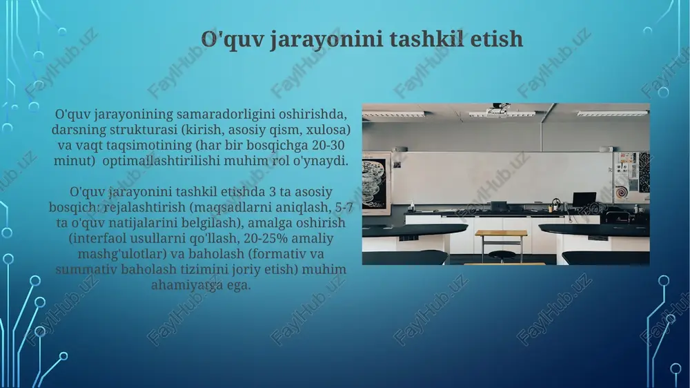 ogik muvaffaqiyatning 30% ini tashkil etadi, chunki o’qituvchi va o’quvchi o’rtasidagi aniq va ochiq muloqot o’quv jarayonini yaxshilaydi. o’qituvchilarning 70% dan ortig’i o’quvchilar bilan samarali hamkorlikni rivojlantirish uchun muayyan treninglar va malaka oshirish kurslariga ehtiyoj sezadi. pedagogik mahorat pedagogik mahorat o’qituvchining 5 ta asosiy kompetensiyasini – o’qitish, baholash, muloqot, tadqiqot va professional rivojlanishni o’z ichiga oladi, bu esa uning samarali faoliyatini ta’minlaydi. muvaffaqiyatli pedagogik mahoratga ega o’qituvchi o’quvchilarning 75% dan ortig’i darsda faol ishtirok etishi va 90% dan yuqori natijalarga erishishini ta’minlaydi. o'quvchilar bilan ishlash uslublari o'quv jarayonida zamonaviy texnologiyalar (masalan, 70% amaliy mashg'ulotlar va 30% nazariy ma'lumotlar) bilan birgalikda interfaol uslublardan foydalanish o'quv natijalarini yaxshilashga yordam beradi. guruhdagi 5-7 nafar o'quvchiga bir vaqtning o'zida individual yondashuvni ta'minlash uchun, differensiatsiyalashgan topshiriqlarni tayyorlash va ularni samarali baholash pedagogik kompetensiyaning ajralmas qismidir. e'tiboringiz uchun rahmat @taqdimot_robot image3.jpg image4.jpg image5.jpg image6.jpg image7.jpg image8.jpg image9.jpg image10.jpg image11.jpg image12.jpg image13.jpg image14.jpg image2.png