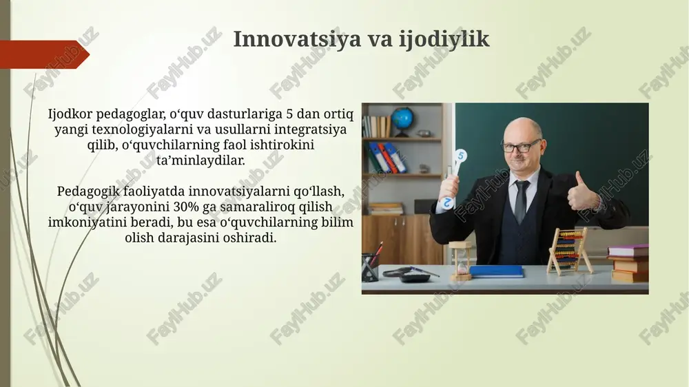 ldan ortiq tajriba va bolalar bilan samarali muloqot qilish qobiliyatidir, bu ularning o'quvchilariga nisbatan empatiya va tushunish darajasini belgilaydi. o'z ustida doimiy ishlash o'z ustida doimiy ishlash jarayoni o'qituvchining professional o'sishini 15-20% ga oshiradi va o'quvchilarning bilim olish darajasiga ijobiy ta'sir ko'rsatadi. pedagogning o'z ustida ishlashi, 20% nazariy bilimlarni yangilash va 80% amaliy ko'nikmalarni oshirishga qaratilgan bo'lishi kerak, bu samarali o'qitish uchun muhim. o'quvchilar bilan ishlash uslublari o'qituvchilarning 70%i o'quvchilar bilan individual yondashuvni qo'llaydi, qolgan 30% esa guruhli ishlarni afzal ko'radi, bu esa o'quv jarayonining samaradorligiga ta'sir qiladi. samarali o'qitish uchun o'qituvchi o'quvchilar bilan kamida 5 ta turli o'quv faoliyat turlarini (masalan, mustaqil ishlar, guruhdagi ishlar, loyihalar) qo'llashi kerak. e'tiboringiz uchun rahmat @taqdimot_robot image1.jpg image2.jpg image3.jpg image4.jpg image5.jpg image6.jpg image7.jpg image8.jpg image9.jpg image10.jpg image11.jpg image12.jpg