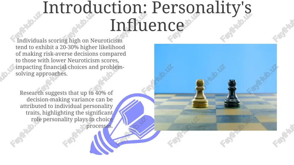 % of the variance in personality traits, highlighting a significant interplay between nature and nurture in shaping individual differences and consequent decision-making styles. personality traits are enduring patterns of thoughts, feelings, and behaviors, often categorized using models like the big five (openness, conscientiousness, extraversion, agreeableness, neuroticism), each encompassing a spectrum of 0-100. the impact of personality on negotiation highly agreeable negotiators, scoring above 70% on agreeableness scales, may concede more readily, potentially leading to suboptimal outcomes for themselves in approximately 30% of observed negotiations. individuals high in neuroticism (above 65 on a standard scale) tend to exhibit more emotional reactivity during negotiations, impacting their ability to make rational decisions and potentially hindering progress by over 25%. risk tolerance and personality neuroticism, another big five trait, inversely correlates with risk tolerance; highly neurotic individuals often demonstrate avoidance of ambiguity and uncertainty, resulting in a preference for lower-risk options in approximately 70% …