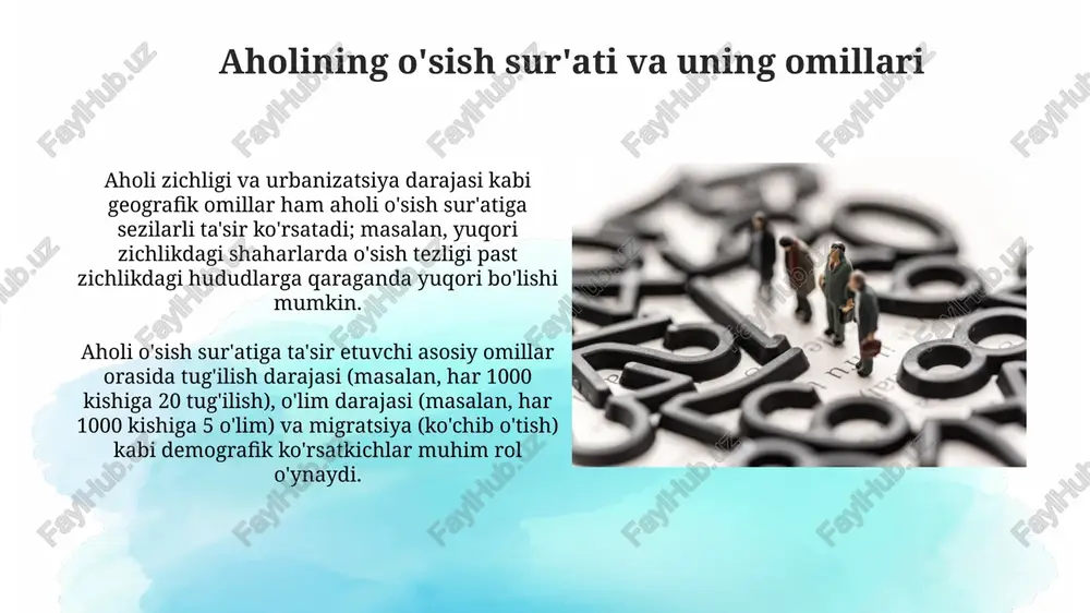 ishlatiladi, bu esa suv taqchilligi muammosini kuchaytiradi va samarali suv boshqaruvi tizimlarini joriy etishni talab qiladi. ta'lim va savodxonlik darajasi ayollarning ta'lim darajasi oshishi bilan ularning oila rejalashtirish xizmatlaridan foydalanish darajasi ham ortadi, bu esa umumiy tug'ilish ko'rsatkichini pasaytiradi, masalan, 10 yildan ortiq oliy ma'lumotli ayollarda 1,8 ga teng. ta'lim va savodxonlik darajasi yuqori bo'lgan hududlarda aholining tug'ilish ko'rsatkichi, odatda, pastroq bo'lib, o'rtacha 2,1 dan kamni tashkil etadi. bu demografik o'tish davri bilan bog'liq. aholining zichligi va taqsimlanishi muammolari aholi zichligining yuqori darajasi, masalan, 1 kvadrat kilometrga 10000 dan ortiq odam, shaharlarda infratuzilma yetarli emasligiga, transport muammolari va ifloslanishning kuchayishiga olib keladi. aholining notekis taqsimlanishi, masalan, yirik shaharlarga ko‘chish, mintaqalararo rivojlanishdagi nomutanosiblikni keltirib chiqaradi va ba’zi hududlarni rivojlantirishni sekinlashtiradi. shaharlashuv va ekologik muammolar shahar atroflaridagi o'rmonlar va yashil maydonlarning 30% gacha kamayishi tufayli, suv-havo aylanishi buziladi, iqlim o'zgarishi kuchayadi va biologik xilma-xillik pasayadi. shaharlashuv tezligi yiliga o'rtacha 1,5% ga o'sib, …