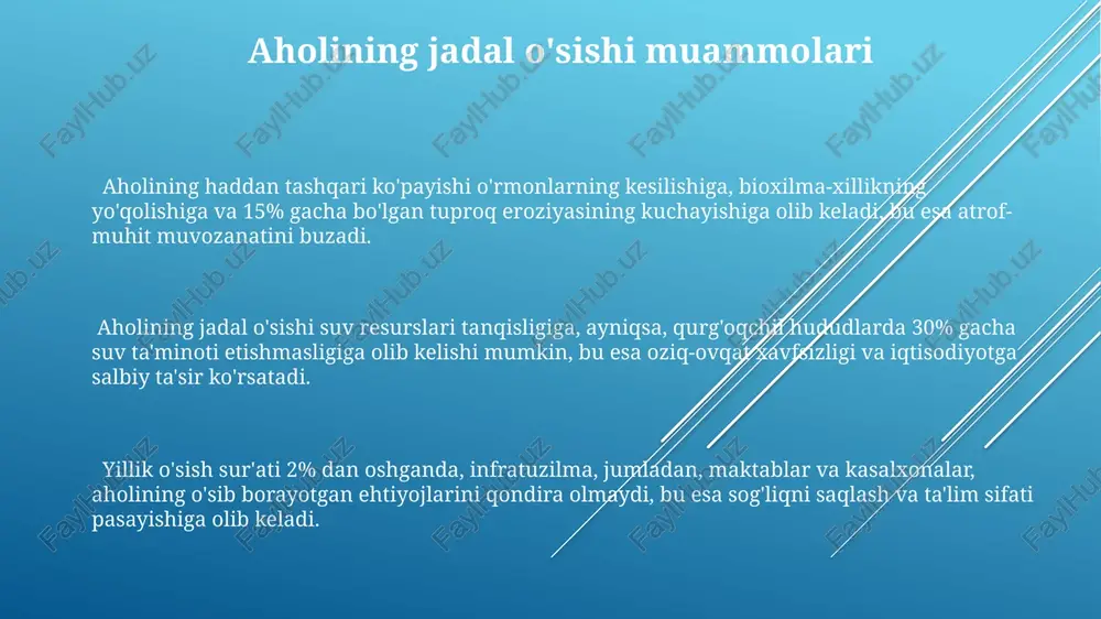 yishi bilan yanada ortishi mumkin. kam ta'minlangan mamlakatlarda, sanitariya-gigiyena sharoitlari yomon bo'lgan joylarda, ichak infektsiyalari kabi kasalliklarning tarqalish darajasi 80% gacha yetishi mumkin, bu esa bolalar o'limi ko'rsatkichini oshiradi. aholining zich joylashgan hududlarida, masalan, 1 kvadrat kilometrga 10000 dan ortiq aholi yashaydigan joylarda yuqumli kasalliklarning tarqalish tezligi ancha yuqori bo'lib, epidemiya xavfi ortadi. tabiiy resurslarning kamayishi jahon aholisining tez o'sishi tufayli, qazilma yoqilg'ilarning 70% dan ortig'i energiya ishlab chiqarishga sarflanmoqda, bu esa atrof-muhitning ifloslanishiga va tabiiy resurslarning tezlashtirilgan kamayishiga olib kelmoqda. yer yuzidagi 15% yer maydonini egallagan cho'llar har yili 60,000 kvadrat kilometrga kengayib bormoqda, bu esa yerning unumdorligi pasayishi va oziq-ovqat etishmovchiligi xavfini kuchaytiradi. tabiiy resurslarning kamayishi, ayniqsa, suv va o'rmonlarning yo'qolishi, global miqyosda 1 milliarddan ortiq odamning oziq-ovqat ta'minotiga salbiy ta'sir ko'rsatmoqda va kelgusi 20 yil ichida bu raqam 2 milliardga yetishi mumkin. migratsiya va ijtimoiy tartibsizliklar migratsiya oqimi 20% ga oshganda, ijtimoiy tartibsizliklar xavfi 50% ga ko'tariladi, …
