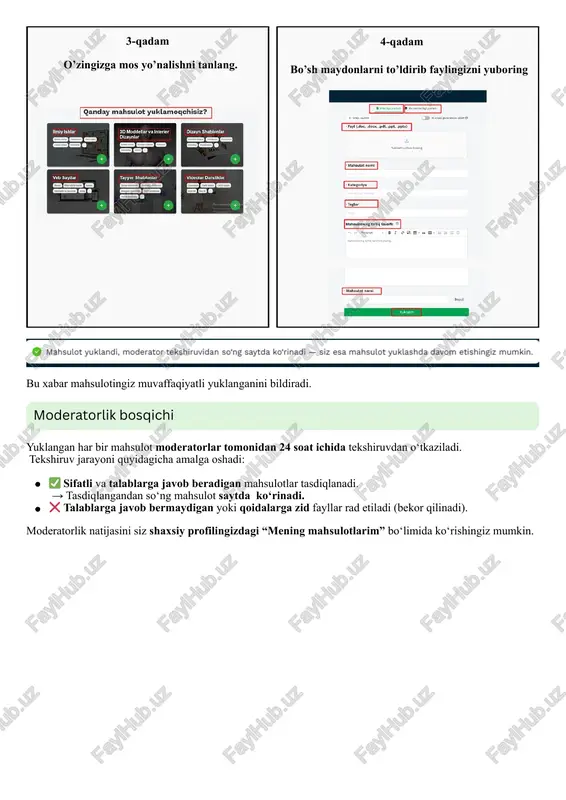 rmatda yuklanishi shart. zip fayl ichida: dizaynning source (asl) fayli; dizayn preview rasmi (ko‘rinish uchun rasm) bo‘lishi kerak. veb saytlar —. to‘liq ishlaydigan loyiha fayllari zip arxivda yuklanishi kerak (.zip ichida .html, .css, .js, .php va boshqa loyiha fayllari bo‘lishi shart). loyihaning rasm (preview) yoki demo ko‘rinishi mavjud bo‘lishi kerak. 3d modellar — .obj, .fbx, .blend, .max, .c4d, .stl, .lwo / .lws kabi fayl turlari bilan, rasmi (preview) bilan birga zip arxivda yuklangan modellargina tasdiqlanadi. ilmiy va akademik xizmatlar — ish boshqa manbadan olingan, internetdan yoki boshqa foydalanuvchidan ko‘chirilgan bo‘lsa. tavsifda shaxsiy ma’lumotlar (ism, telefon raqami, telegram, email va shunga o‘xshash) yozilgan bo‘lsa. tavsifda chala yoki umumiy yozilgan ma’lumotlar bo‘lsa, xizmat rad etiladi. yuklangan rasm sifatsiz, mavzuga mos bo‘lmagan yoki boshqa manbadan olingan bo‘lsa. dizayn shablonlari — faqat rasm ko‘rinishida (preview) yuklangan, asl fayli mavjud bo‘lmagan yoki internetdan ko‘chirib olingan, zip papkalarda yuklangan fayllar tasdiqlanmaydi. har bir fayl o‘z formati …