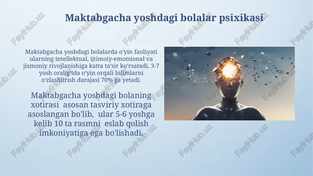 5-20% o'zgarishlar kuzatilishi mumkin. psixik rivojlanishni baholash metodlari psixik rivojlanishni baholashda 5-10 yoshgacha bo'lgan bolalarda veksler bolalar intellekti shkalasi (wisc) kabi standartlashtirilgan testlardan foydalanish samarali bo'ladi, bu esa intellektual qobiliyatlarni aniqlashga yordam beradi. psixomotor rivojlanishni baholashda bruiner-getzels testi kabi kuzatuv metodlari va psixomotor rivojlanish shkalalari qo'llaniladi, bu 0 dan 10 gacha bo'lgan ballar sistemasida baholanadi va harakat koordinatsiyasi darajasini aniqlaydi. psixik rivojlanishning asosiy bosqichlari 2-7 yosh oralig'ida preoperatsion davr kuzatiladi, bu davrda egotsentrizm xarakterli bo'lib, bolaning ramziy fikrlash qobiliyati rivojlanadi, lekin mantiqiy operatsiyalar hali yetarli emas. adolesentlik davri (11-18 yosh) formal operatsion fikrlash bosqichi bilan tavsiflanadi, bu davrda abstrakt fikrlash, mantiqiy xulosalar chiqarish va gipotezalarni tekshirish qobiliyati rivojlanadi. e'tiboringiz uchun rahmat @taqdimot_robot image4.png image5.jpg image6.jpg image7.jpg image8.jpg image9.jpg image10.jpg image11.jpg image12.jpg image13.jpg image14.jpg image15.jpg image3.jpeg