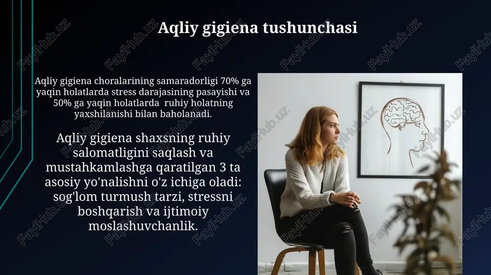 maliyoti tavsiya etiladi. salomatlikka zararli odatlar zararli odatlar, masalan, chekish, alkogol yoki giyohvand moddalarni suiiste’mol qilish, miya faoliyatiga salbiy ta’sir ko‘rsatib, 30% gacha ruhiy kasalliklar xavfini oshirishi mumkin. o‘rtacha kuniga 5 soatdan ortiq ekranlardan foydalanish, uyqu buzilishi va stress darajasining oshishi orqali, salomatlikka sezilarli darajada zarar yetkazib, ruhiy sog‘liqqa tahdid soladi. depressiya va uning profilaktikasi sogʻlom turmush tarzi, shu jumladan muntazam jismoniy mashqlar, toʻgʻri ovqatlanish va yetarli uyqu, depressiyaning oldini olishda 30% ga yaqin samaradorlikni taʼminlaydi. depressiya bilan ogʻriganlarning taxminan 80% tibbiy yordamga murojaat qilmaydi, shuning uchun erta aniqlash va profilaktik choralar juda muhim ahamiyat kasb etadi. psixoprofilaktika mohiyati psixoprofilaktika dasturlarida bemorlarning 80% ishtirokida kognitiv-xulq-atvor terapiyasi, relaksatsiya texnikalari va stress menejmenti kabi turli usullardan foydalaniladi. psixoprofilaktikaning asosiy maqsadi – 30% gacha stress darajasini kamaytirish, shaxsning ruhiy salomatligini mustahkamlash va 70% gacha emotsional barqarorlikni oshirish orqali xavf omillarini minimallashtirishdan iborat. e'tiboringiz uchun rahmat @taqdimot_robot image1.jpg image2.jpg image3.jpg image4.jpg image5.jpg image6.jpg image7.jpg …