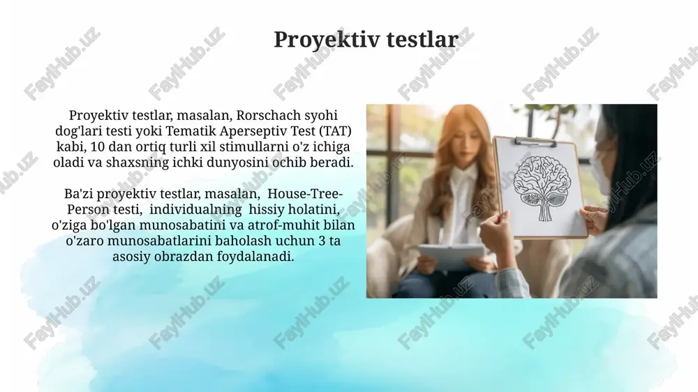 tuv usullarini o'z ichiga oladi, bu bemorning shaxsiyatini, kognitiv qobiliyatlarini va hissiy holatini baholash imkonini beradi. diagnostika xatolarining oldini olish diagnostika jarayonida kamida ikki xil test yoki usulni qo‘llash, natijalarni taqqoslash orqali xatolik ehtimolini 30% ga kamaytirish mumkin. psixologik diagnostika natijalarini talqin qilishda, bemorning yoshi, madaniyati va shaxsiy xususiyatlarini hisobga olish, noto‘g‘ri tashxis qo‘yish xavfini 15% ga pasaytiradi. shaxsiyatni baholash proyektiv testlar, masalan, rorshax testi yoki tat, shaxsning bevosita ifodalanadigan ongsiz motivlarini va his-tuyg'ularini ochib berishga yordam beradi, 10 dan ortiq javoblar tahlil qilinadi. shaxsiyatni baholashda klinik intervyu muhim ahamiyatga ega bo'lib, u bemor bilan 30-60 minutlik suhbat orqali shaxsning tarixi, xulq-atvori va hissiy holatini chuqur o'rganishga imkon beradi. kelajakdagi istiqbollar genetik ma'lumotlarni hisobga olgan holda shaxsiylashtirilgan psixologik diagnostika usullari rivojlanishi, aniqlikni 30% ga va davolash samaradorligini 40% ga oshirishi mumkin. kelajakda, sun'iy intellekt yordamida psixologik diagnostika aniqligi 90% ga oshishi va 5 daqiqada natijalarni olish imkoniyati paydo bo'lishi kutilmoqda. …