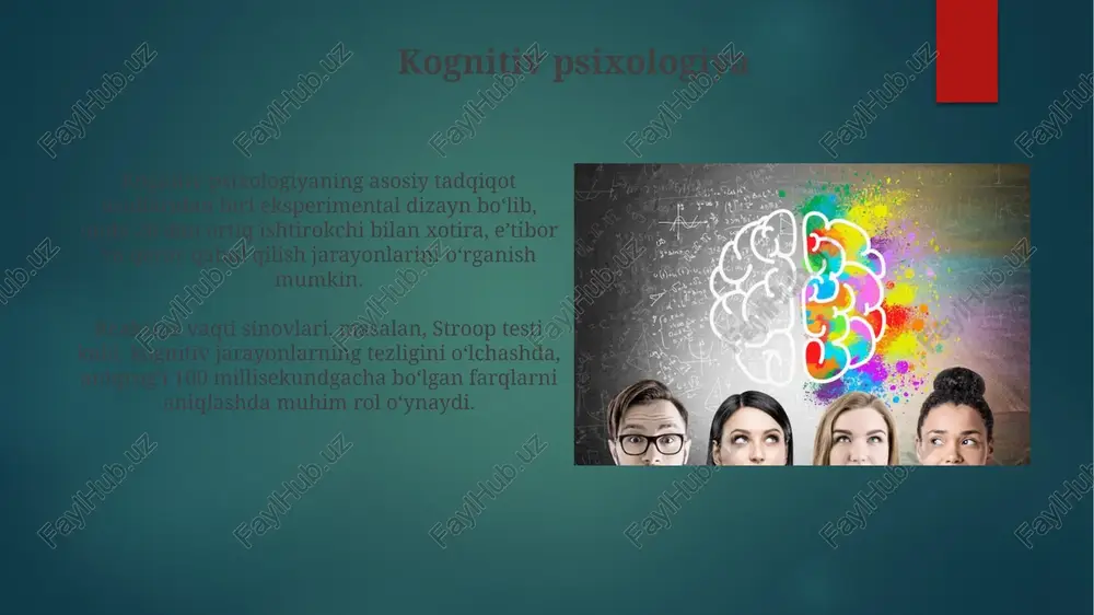 ixodinamik, biheviorizm, kognitiv, gumanistik va biologik yo'nalishlar – inson xulq-atvorini tushunishda turli xil yondashuvlarni namoyon etadi. gestalt psixologiyasi butunlikni qismlar yig'indisidan ustun qo'yib, idrok, fikrlash va xulq-atvorning uyg'unlashganligini ta'kidlaydi; bu esa 5 ta asosiy maktabdan farq qiladi. psixologik tadqiqot usullari: kirish psixologik tadqiqotlarda 3 ta asosiy yondashuv mavjud: eksperimental, korrelyatsion va deskriptiv, ularning har biri ma'lumotlarni to'plash va tahlil qilishning o'ziga xos usullarini o'z ichiga oladi. katta hajmdagi namunalar (masalan, 1000 dan ortiq ishtirokchi) tadqiqot natijalarining ishonchliligini va umumlashtirilishini oshiradi, ammo ularni to'plash va tahlil qilish qiyinroq bo'lishi mumkin. psixodinamik maktab psixodinamik terapiya, jumladan, erkin assotsiatsiya va tush tahlili kabi usullar, ongsiz fikrlar va his-tuyg'ularni ochib berish uchun 10 dan ortiq seansni o'z ichiga olishi mumkin. psixodinamik maktabda ongsiz motivlarning, masalan, 5 yoshgacha bo'lgan bolalik tajribalarining shaxsning keyingi xatti-harakatlariga ta'siri 30 yildan ortiq davom etadigan psixoterapiya orqali o'rganiladi. e'tiboringiz uchun rahmat @taqdimot_robot image6.jpg image7.jpg image8.jpg image9.jpg image10.jpg image11.jpg image12.jpg image13.jpg …
