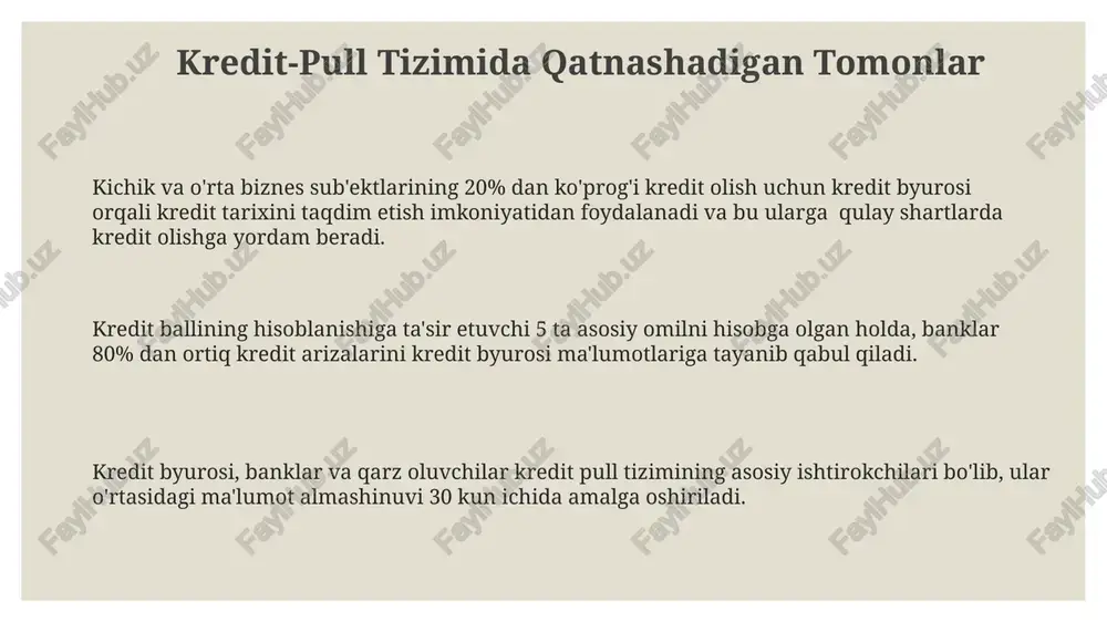 lmaydi. yuqori tezlikdagi kredit-pull tizimi banklarga 5000 dan ortiq kredit arizalarini bir kunda qayta ishlashga imkon beradi, ammo bu tizim shaxsiy ma'lumotlarning xavfsizligi jihatidan zaif tomonlarga ega bo'lishi mumkin. kredit-pull tizimi mijozlarga 30 sekund ichida kreditga layoqatlilikni aniqlash imkoniyatini beradi, bu esa banklar uchun vaqt va resurslarni tejaydi, ammo noto'g'ri ma'lumotlar tufayli 10% gacha xatolik ehtimoli mavjud. kredit-pull tizimini yaxshilash yo'llari kredit-pull tizimini yaxshilash yoʻllaridan biri – 30% ga yaqin kredit berish jarayonini avtomatlashtirish orqali xarajatlarni kamaytirish va tezlikni oshirishdir. bu esa mijozlarga tezroq xizmat koʻrsatish imkonini beradi. yillik 10% ga yaqin kredit pull soʻrovlari sonini kamaytirish uchun mijozlarga kredit skorlarini kuzatish va boshqarish boʻyicha maslahatlar berish tizimini joriy etish kerak. bu esa kredit tarixini yaxshilashga yordam beradi. kredit byurosi ma’lumotlar bazasini zamonaviylashtirish va 5 yildan ortiq ma’lumotlarni saqlash muddatini uzaytirish kredit tarixini aniqroq aks ettirish imkonini beradi va kredit skorinig aniq hisoblashga yordam beradi. kredit-pull tizimida yuz berishi mumkin …