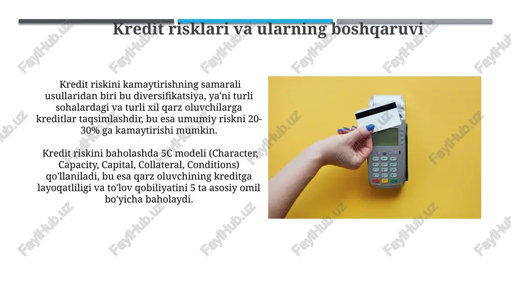 r alohida shartlar va yuqori foiz stavkalarini taklif qilishi mumkin, bu esa investorlar uchun jozibadorroq bo'ladi. valyuta depozitlari, masalan, aqsh dollari yoki yevrodagi depozitlar, milliy valyutadagi depozitlarga nisbatan foiz stavkalari jihatidan farq qilishi mumkin, bu esa valyuta kursi o'zgarishlariga bog'liq. bank kartalari va ularning ishlatilishi bank kartalari orqali o'tkazmalarni amalga oshirishda komissiya to'lovlari 0,5% dan 3% gacha o'zgaradi va bu miqdor to'lov summasi va karta turining xususiyatlariga bog'liq. jahon bo'yicha 2023 yilda taxminan 5 milliarddan ortiq bank kartasi foydalanilgan bo'lib, ularning 70% dan ko'prog'i to'lovlarni amalga oshirishda ishlatilgan. kredit tizimining asosiy tushunchalari kredit summasining miqdori, foiz stavkasi va qaytarish muddati kabi omillar kredit shartnomasida aniq belgilanib, qarz oluvchining to'lov qobiliyatiga bog'liq. bank operatsiyalarida hisob-kitoblarning turli shakllari, masalan, bevosita o'tkazish, akkreditiv va inkasso kabilar, 24/7 xizmat ko'rsatish imkoniyatini ta'minlaydi. e'tiboringiz uchun rahmat @taqdimot_robot image1.jpg image2.jpg image3.jpg image4.jpg image5.jpg image6.jpg image7.jpg image8.jpg image9.jpg image10.jpg image11.jpg image12.jpg