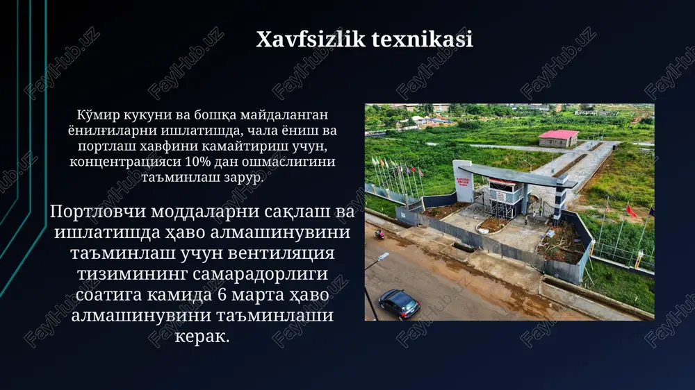 soat ichida namlik miqdorini 5-10% gacha kamaytiradi, ammo energiya sarfi yuqori. vakuumli quritish, past haroratlarda (40-60°c), bosimni pasaytirish orqali, 15-20% gacha namlikni samarali olib tashlash imkonini beradi, bu esa yoqilg'ining sifatini saqlaydi. qattiq yoqilg'ining fizikaviy xususiyatlari qattiq yoqilgʻining zichligi 0,5 dan 1,5 g/sm³ gacha oʻzgarib turadi va uning turi, namligi va boʻshliq koʻrsatkichlariga bogʻliq. qattiq yoqilgʻining issiqlik sigʻimi uning kimyoviy tarkibiga bogʻliq boʻlib, oʻrtacha 1-1,5 kj/kg·k oraligʻida boʻladi. kokslash jarayoni kokslash pechlarida jarayonning davomiyligi 12-18 soatni tashkil etib, bu vaqt oralig'ida ko'mirning kimyoviy tarkibi o'zgarib, qattiq va porozli koks massasiga aylanadi, bu esa metallurgiya sanoatida muhim ahamiyatga ega. kokslash jarayoni 1000°c dan yuqori haroratlarda, kislorod yetishmovchiligida ko'mirni qizdirish orqali amalga oshiriladi va shu jarayonda uchuvchi moddalarni (taxminan 15-20%) ajratib chiqarish natijasida koks hosil bo'ladi. pirolliz jarayoni pirolliz mahsulotlarining kimyoviy tarkibi xom ashyoning turiga qarab farq qiladi, masalan, yogʻoch pirolizi metanol, sirka kislotasi va boshqa organik birikmalar hosil qiladi. pirolliz jarayonining …