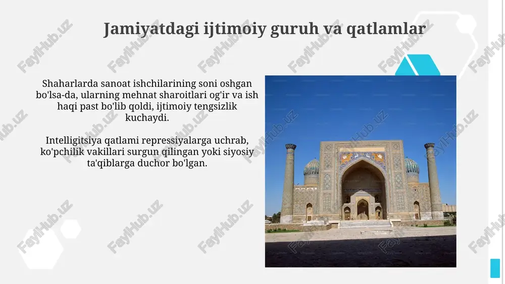 gsizlikning kuchayishiga olib keldi. tashqi siyosatdagi oʻzgarishlar markaziy osiyo mintaqasidagi geosiyosiy vaziyatni hisobga olgan holda, oʻzbekiston qoʻshni davlatlar bilan hamkorlikni mustahkamlashga, shu jumladan chegaralarni demarkatsiya qilishga ustunlik berdi. 90-yillarning boshlarida oʻzbekistonning tashqi siyosati mustaqillikni mustahkamlashga va xalqaro hamjamiyatda oʻz oʻrnini topishga qaratilgan boʻlib, bir qancha davlatlar bilan diplomatik aloqalar oʻrnatildi. qayta qurish siyosatining maqsadi va vazifalari qayta qurishning asosiy maqsadi 1986-yildan boshlab sssr iqtisodiyotini modernizatsiya qilish va oʻzbekistonning iqtisodiy salohiyatini 15% ga oshirish edi. rejalashtirilgan iqtisodiyotdan bozor iqtisodiyotiga oʻtish jarayoni "qayta qurish"ning muhim vazifasi boʻlib, bu koʻplab davlat korxonalarining xususiylashtirilishiga olib kelishi kerak edi. iqtisodiy islohotlar va ularning ijtimoiy oqibatlari davlat korxonalarini xususiylashtirish jarayoni 1990-yillarning oxiri va 2000-yillar boshlarida keng miqyosda amalga oshirildi, natijada ishsizlik darajasi va kambag'allik ko'rsatkichi oshdi. aholining 20% dan ortig'i qashshoqlik chegarasidan pastda yashagan, bu esa ijtimoiy tarmoqlarning zaiflashishi va ijtimoiy-siyosiy beqarorlik xavfini tug'dirdi. millatlararo munosabatlar va milliy madaniyatning rivojlanishi o'zbekistonning ko'p millatli aholisi orasida "perestroyka" …
