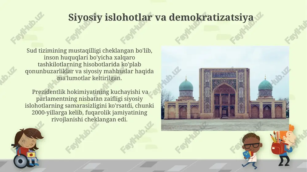 yangi fanlar qo'shildi. qayta qurishning ijobiy va salbiy tomonlari 1980-yillar oxirida, siyosiy erkinliklarning kengayishi bilan birga, korrupsiya va qonunbuzarliklar ham koʻpaydi, bu esa ijtimoiy tartibsizliklarga va iqtisodiy inqirozga olib keldi. qayta qurish davrida, 1986-1991 yillar oraligʻida, paxta yetishtirish hajmi 5,5 million tonnadan oshdi, ammo bu ekologik muammolarni va qishloq xoʻjaligining monopoliyaga aylanishini kuchaytirdi. milliy uygʻonish jarayoni 1991-yilda oʻzbekiston mustaqillikka erishgach, milliy uygʻonish jarayoni tezlashdi va madaniy, til va taʼlim sohalarida sezilarli yutuqlarga erishildi, jumladan, lotin yozuviga oʻtish jarayoni boshlandi. milliy uygʻonish jarayoni davrida 1990-yillarning boshlarida oʻzbekistonning siyosiy tizimi tubdan oʻzgargan, shu jumladan, koʻp partiyali tizimga oʻtish amalga oshirilgan. qayta qurish davridagi oʻzbekistonning ijtimoiy-siyosiy ahvoli 1980-yillar oxirida milliy uygʻonish jarayoni kuchayib, oʻzbekistonning madaniy va til siyosatida oʻzgarishlar sodir boʻldi, biroq bu oʻzgarishlar cheklangan va ziddiyatli edi. qayta qurish siyosatining amalga oshirilishi natijasida 10 minglab siyosiy mahbuslar ozod qilindi, biroq inson huquqlari sohasida jiddiy muammolar saqlanib qoldi. e'tiboringiz uchun rahmat @taqdimot_robot image6.jpg …