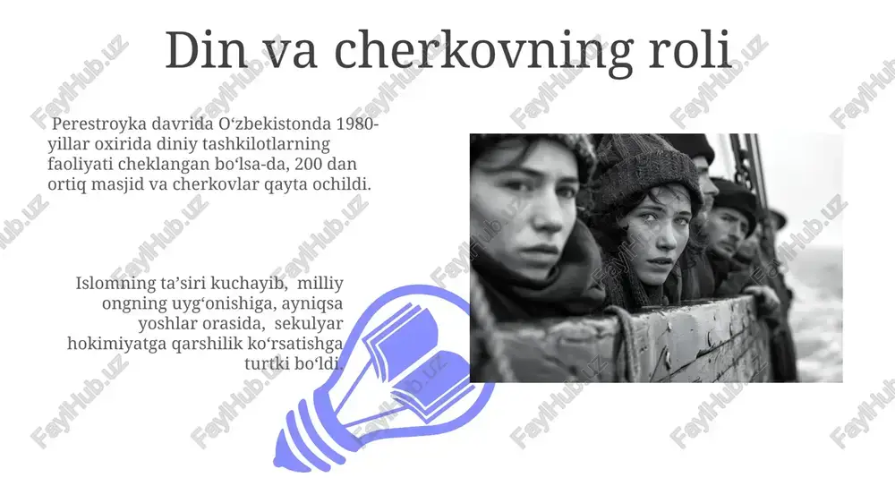 r hajmi sezilarli darajada oshdi. 1980-yillar oxirida milliy adabiyot va san’at asarlarining nashri va sahnalashtirilishi sezilarli darajada oshdi, shu jumladan 50 dan ortiq yangi milliy teatrlar va konsert zallari paydo bo'ldi. demokratizatsiya jarayoni va uning cheklanishlari perestroyka davrida oʻzbekistonda demokratizatsiya jarayoni, 1980-yillar oxiriga kelib, siyosiy pluralizmning cheklangan shakllarini, masalan, xalq harakatlari va nodavlat tashkilotlarining paydo boʻlishini keltirib chiqardi, ammo ularning faoliyati qattiq nazorat ostida edi. oʻzbekiston kommunistik partiyasining hukmronligi saqlanib qolgan boʻlsa-da, perestroyka davrida 5-10% ga yaqin siyosiy islohotlar amalga oshirildi, ammo bu islohotlarning katta qismi nomenklatura manfaatlariga moslashtirilgan holda amalga oshirildi. tashqi siyosatdagi oʻzgarishlar sovuq urushning yakunlanishi oʻzbekistonning mustaqillikka intilish jarayoniga ta'sir koʻrsatib, 1991-yilga kelib, tashqi siyosatdagi mustaqil harakatlar soni 30 dan oshib ketdi. perestroyka davrida oʻzbekistonning tashqi siyosatida sssr doirasidan tashqarida aloqalarni rivojlantirishga 20% ga yaqin oʻsish kuzatildi, bu esa koʻp qirrali diplomatiya siyosatining boshlanishini koʻrsatdi. iqtisodiy islohotlar va ularning ijtimoiy oqibatlari 01 02 iqtisodiy islohotlarning tezlashuvi, 1980-yillar …
