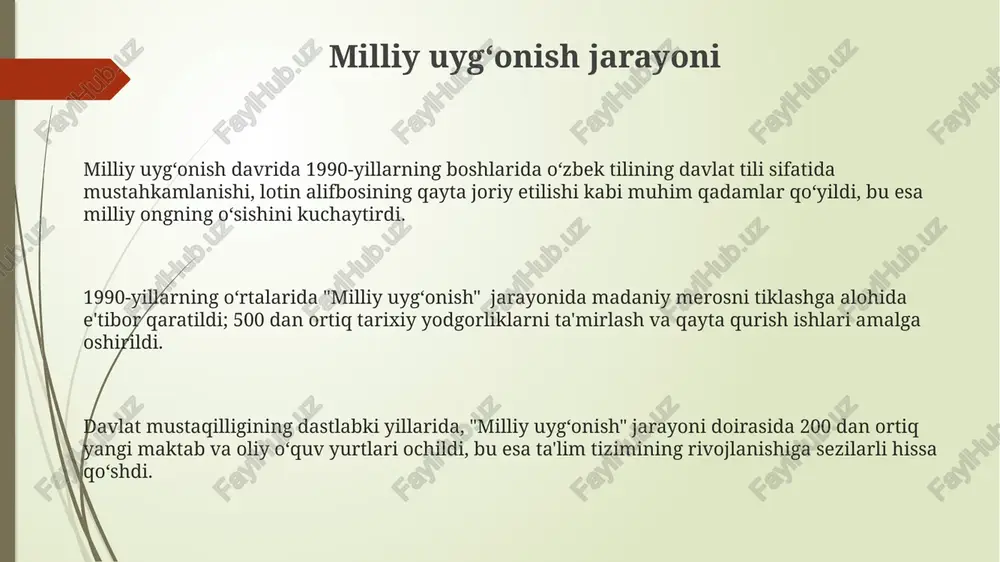 ng roli va taʼsiri sovet davridagi "qayta qurish" dasturi doirasida 1000 dan ortiq ziyoli mamlakatning iqtisodiy va ijtimoiy rivojlanishiga o'z hissasini qo'shish uchun yangi ishlab chiqarish va ta'lim muassasalarini tashkil etishga yordam bergan. 1920-1930 yillardagi "qayta qurish" davrida ziyolilarning savodsizlikni yo'qotish, madaniyat va ta'lim sohalaridagi islohotlardagi roli 5 yillik rejalar doirasida alohida muhim edi. uzbekistondagi "qayta qurish" davrida 300 dan ortiq ziyoli vatandoshlar siyosiy ta'qiblar va qatag'onlarga duch kelib, sovet rejimiga qarshi chiqishga urinib ko'rishgan. qayta qurishning yakuni va meros 1991-yilda sssrning parchalanishi qayta qurish davrining keskin yakunini belgilab, o'zbekiston mustaqillikka erishdi, ammo iqtisodiyot va ijtimoiy sohalarda jiddiy muammolar meros bo'lib qoldi. qayta qurish davrida boshlangan demokratizatsiya jarayoni to'liq amalga oshmadi, buning natijasi siyosiy pluralismning cheklanganligi va hukumatning markazlashgan tuzilmasining saqlanib qolishi bo'ldi. qayta qurishning 1980-yillar oxiridagi yakuni, milliy uyg'onish jarayonlarini tezlashtirdi, lekin boshqaruv tizimida chuqur islohotlarning yetishmasligi keyinchalik ijtimoiy-siyosiy beqarorlikka olib keldi. siyosiy islohotlar va demokratiyalashtirish "milliy gʻoya" ideologiyasining …
