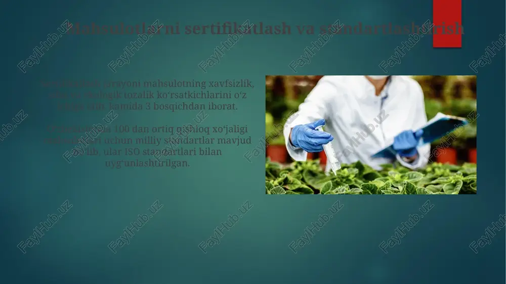ladan, kimyoviy va biologik xavfsizlik me'yorlariga rioya etilishi nazorat qilinadi. sifat nazorati tizimi davlat standartlari (o'zdst) va xalqaro standartlar (iso) talablariga muvofiq ishlab chiqilgan bo'lib, mahsulotlarning 95% dan ortig'i sifat sertifikatidan o'tkaziladi. zararkunandalar va kasalliklarga qarshi kurash zararkunandalarga qarshi kurashda integratsiyalashgan yondashuv, ya'ni kimyoviy usullar bilan bir qatorda biologik va agrotexnik usullarni qo'llash hosilning 15-20% gacha yo'qotilishini oldini oladi. zararkunandalar va kasalliklarga chidamli navlarni ekish, agrotexnika qoidalariga rioya qilish bilan birgalikda, pestitsidlarga bo'lgan ehtiyojni 2-3 barobar kamaytiradi. sifat nazorati xodimlarini tayyorlash xodimlarni sertifikatlash uchun kamida 80% ball to'plash, shuningdek, 5 yildan ortiq ish tajribasi talab etiladi. sifat nazorati xodimlarini tayyorlashda 3 oylik maxsus kurslarda 150 dan ortiq nazariy va amaliy mashg'ulotlar o'tkazilishi rejalashtirilgan. e'tiboringiz uchun rahmat @taqdimot_robot image6.jpg image7.jpg image8.jpg image9.jpg image10.jpg image11.jpg image12.jpg image13.jpg image14.jpg image15.jpg image16.jpg image17.jpg image2.png image3.png image4.png image5.png