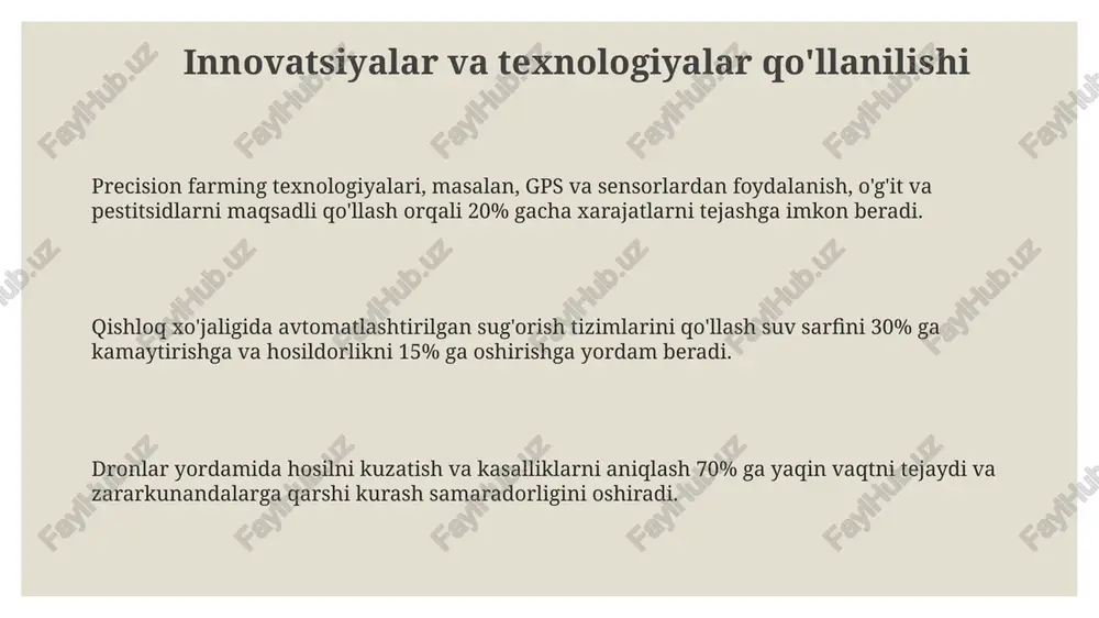 ish uchun 3 ta asosiy omil: malakali kadrlar, zamonaviy texnologiyalar va davlat tomonidan qo'llab-quvvatlash kerak. qishloq xo'jaligi klasterlari bir-biriga bog'liq bo'lgan 5-10 ta yoki undan ortiq fermer xo'jaliklarini, qayta ishlash korxonalarini va infratuzilma provayderlarini o'z ichiga olgan hamkorlik tuzilmalari hisoblanadi. klasterlar samaradorlikni 20-30% ga oshirishga, xomashyo yetkazib berish zanjiri uzilishlarini kamaytirishga va eksport hajmlarini 1,5-2 baravar ko'paytirishga yordam beradi. klasterlashning afzalliklari va kamchiliklari kichik va oʻrta fermer xoʻjaliklari klasterlarga qoʻshilish orqali marketing va logistika xarajatlarini 15% gacha kamaytirishi mumkin, biroq klasterning muvaffaqiyati barcha a'zolarning faol ishtirokiga bogʻliq. klasterlash innovatsiyalarni jadal rivojlanishiga va yangi texnologiyalarni joriy etishga yordam beradi, lekin ba'zi fermer xoʻjaliklari klasterning qoidalariga moslashishda qiyinchiliklarga duch kelishi mumkin. klasterlash fermer xoʻjaliklarining samaradorligini 20-30% ga oshirishi mumkin, ammo bu katta miqdordagi dastlabki investitsiyalarni va samarali menejmentni talab qiladi. klasterlarning bozorga chiqishi va marketingi klasterlarning 30% dan ortiq mahsulotlari eksportga yo'naltirilishi, xalqaro standartlarga muvofiq sifat sertifikatlari mavjudligi ularning bozorga kirishini osonlashtiradi. …