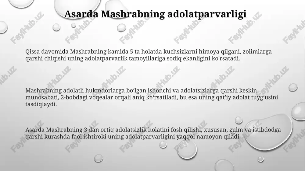 ligi va xalqqa bo’lgan muhabbati ifodalangan. mashrabning g’azallari 100 dan ortiq bo’lib, ularda lirik qahramonning chuqur his-tuyg’ulari, ijodiy salohiyati va hayotiy tajribalari yorqin aks etadi. uning she’riyatidagi ijodiy uslubi tasavvuf falsafasi, folklor an’analari va klassik she’riyat namunalariga asoslangan holda shakllangan. asarda mashrabning mehr-oqibatliligi asarda mashrabning 30 dan ortiq g'azal va ruboiylarida mehru oqibati, insoniylik fazilatlari tarannum etilgan. asardagi tasvirlangan voqealar orqali mashrabning oilaviy munosabatlaridagi mehr-oqibat va sadoqatga bo'lgan munosabati kam misol bilan bayon etilgan. mashrabning g'azallaridagi muhabbat va sadoqat timsoli sifatidagi 2-3 ta asosiy obrazning mehr-oqibatga bo'lgan ta'siri tahlil qilinadi. asar qahramonining milliy g'ururi va iftixor tuyg'usi mashrabning 17-asr oxiridagi o'zbek xalqining mustaqillik va ozodlikka intilishini ifoda etuvchi qahramon sifatidagi obrazini "qissai mashrab"da 3 ta asosiy qismda kuzatish mumkin. uning she'rlarida bayon etilgan 20 dan ortiq vatanparvarlik g'oyalari, xalqning milliy ongiga bo'lgan sadoqati va istiqlolga intilishini aks ettiradi. qissada mashrabning qatag'onlarga qarshi kurashi va 5 yildan ortiq davom etgan qamoq …