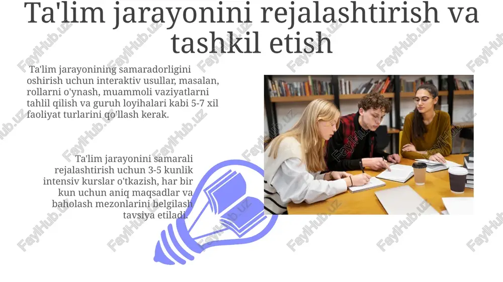 85% ishtirokchilarning adolatlilik va mas’uliyatlilik tushunchalari sezilarli darajada yaxshilangan. qisqa muddatli guruh ta’limi davomida ishtirokchilarning 50% dan ortig’i o‘zaro hurmat va hamkorlik ko‘nikmalarini 2 hafta ichida egallaydilar, bu esa jamoaviy mas’uliyatni oshiradi. guruh ta'limi va tarbiyasining maqsad va vazifalari maqsad - yoshlarning 5 ta asosiy qobiliyatini (muammolarni hal qilish, jamoada ishlash, muloqot, yetakchilik va tanqidiy fikrlash) rivojlantirish orqali ularning kelajakdagi muvaffaqiyatlariga zamin yaratishdir. guruh ta'limi va tarbiyasi shaxsning ijtimoiy moslashuvchanligini 30% ga oshirish, o'z-o'zini anglash darajasini 15% yuksaltirish va jamoaviy ishlash ko'nikmalarini rivojlantirishga qaratilgan. muvaffaqiyatli guruh ta'limi uchun shart-sharoitlar 01 02 tajribali, motivatsiyaga ega va o'z sohasida malakali o'qituvchi yoki trenerning mavjudligi guruhning rivojlanishi va muvaffaqiyatli natijalarga erishish uchun muhim omil hisoblanadi. sales 1st qtr 2nd qtr 100 0 sales 1st qtr 2nd qtr 100 0 qiyinchiliklar va ularni bartaraf etish yo'llari guruhdagi 10-15% o'quvchilarning salbiy xulq-atvori o'quv jarayoniga xalaqit beradi, bu muammoni hal qilish uchun disiplina qoidalarini aniq belgilash …