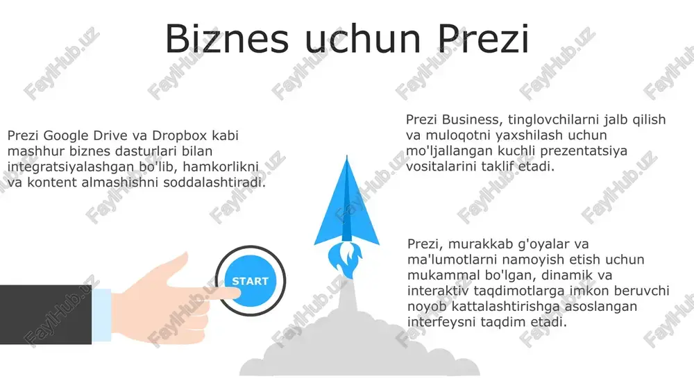 larni, mahsulotlarni yoki tushunchalarni namoyish etib, tomoshabinlarni dinamik vizuallar bilan jalb qiling. animatsiyalar & o'tish effektlari: elementlarni kanvas bo'ylab silliq harakatlantirish, dinamik va jozibali taqdimot yaratish. 06 05 04 03 02 prezi kelajagi 01 02 prezi'ning vizual hikoya aytib berishga, chiziqli bo'lmagan navigatsiyaga va interaktiv prezentatsiyalarga e'tibor qaratishi o'zgaruvchan raqamli muhitda dolzarb bo'lib qolmoqda. boshqa prezentatsiya dasturlari bilan raqobatning kuchayishi va sun'iy intellektga asoslangan vositalarning rivojlanishi prezi kelajagi uchun qiyinchiliklarni yaratadi. 03 prezi prezi video va prezi design kabi xususiyatlar bilan innovatsiyalarni davom ettirib, an'anaviy taqdimotlardan tashqariga chiqadi. prezi va an'anaviy slaydlar prezi bir dona kanvasdan foydalanadi va an'anaviy slaydli taqdimotlarga qaraganda yanada dinamik va qiziqarli tajriba taklif etadi. prezi zoom qilish va harakatlantirish imkonini beradi, bu esa an'anaviy slaydlarning statik o'tishlari bilan taqqoslaganda, yanada suyuq va sho'ng'uvchan taqdimot oqimini yaratadi. prezi murakkab ma'lumotlarni chiziqli bo'lmagan tuzilishi bilan samarali etkazishda ustunlikka ega, an'anaviy slaydlar esa to'g'ri chiziqli taqdimotlar uchun ko'proq …