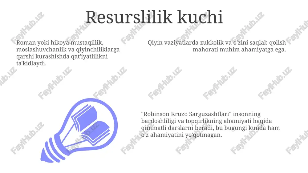 atga ta'siri mavzusi bugungi kunda ham dolzarb bo'lib, tanqidiy fikrlashga undaydi. hikoyaning doimiy jozibasi insoniy ambitsiya, yolg'izlik va o'zini kashf qilishni o'rganishida. hikoyaning kuchi 01 02 03 hayot va bardoshlilik: robinson kruzoning qiyinchiliklarga qarshi kurashishi moslashuvchanlik va qat'iyat haqida qimmatli saboqlar beradi. inson tabiati va axloq: kruzoning sayohati uni o'z kamchiliklari va kuchli tomonlari bilan yuzlashtirishga majbur qiladi, bu inson tabiati va axloqning ahamiyati haqida tushuncha beradi. o'z-o'zini ta'minlash va mustaqillik: roman o'z-o'zini etarli qilish va zukkolik mavzularini ochib beradi, bu bugungi dunyoda muhim fazilatlardir. sales 1st qtr 2nd qtr 100 0 sales 1st qtr 2nd qtr 100 0 sales 1st qtr 2nd qtr 100 0 e'tiboringiz uchun rahmat @taqdimot_robot image1.jpeg image2.jpeg image3.jpeg
