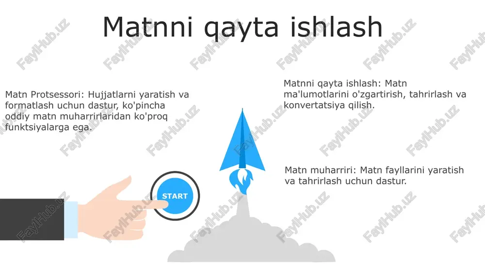hlatiladi, matn protsessorlari esa hujjatlar uchun mosroq. 03 matn muharrirlar oddiy matn fayllarini yaratish va tahrirlash imkonini beradigan dasturlardir. wysiwyg muharrirlar wysiwyg muharrirlar: siz yozayotganingizda hujjatingiz qanday ko'rinishda bo'lishini ko'rish imkonini beradi, vizual formatlash va dizayn vositalarini taqdim etadi. matn muharrirlar: oddiy matnga e'tibor qaratadi, asosiy formatlash va funksiyalarni taqdim etadi. kod yozish va chalg'ituvchilarsiz yozish uchun mashhur. matn protsessorlari: tahrirlovchilarning xususiyatlarini birlashtirib, ularga nisbatan yanada rivojlangan matnni tahrirlash va hujjatlarni boshqarish imkonini beradi, lekin wysiwyg kabi vizual interfeysga ega. s w o t swot matn fayl formatlari matn muharrirlar yanada rivojlangan bo'lib, qalin, kursiv va paragraf uslublari kabi formatlash imkoniyatlarini taklif etadi. matn fayllari ma'lumotlarni oddiy matn sifatida, txt, csv va json kabi formatlarda saqlaydi. matn muharrirlar oddiy matn fayllarini yaratish va tahrirlash uchun dasturlar bo'lib, ular sintaksisni ajratib ko'rsatish va kodni avtomatik to'ldirish kabi xususiyatlarga ega. regular expressions: matnni qidirish va tahrirlash uchun kuchli naqshlar. matn protsessorlari: formatlash, …