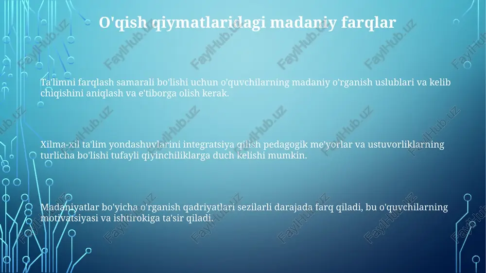 turini moslashtirishga ta'sir qiladi. ota-ona va jamoatchilik ishtiroki madaniy va til to'siqlari samarali muloqot va ishtirok etishga to'sqinlik qilishi mumkin. ba'zi jamoalarda cheklangan resurslar va infratuzilma texnologiya va qo'llab-quvvatlash xizmatlariga kirishni cheklashi mumkin. turli ta'lim tizimlari va yondashuvlar amaliyotlarni moslashtirishda tushunmovchilik va qiyinchiliklarga olib kelishi mumkin. kelajakdagi yo'nalishlar va tavsiyalar sifatni ta'minlash va baholash bo'yicha global standartlarni ishlab chiqish. ta'lim tizimlari o'rtasidagi hamkorlik va bilim almashinuvini rag'batlantirish. raqamli bo'linishni bartaraf etish va texnologiya va resurslarga teng huquqli kirishni ta'minlash. adolat va inklyuziya ijtimoiy-iqtisodiy guruhlar o'rtasida resurslar va imkoniyatlarga tengsiz kirish. har xil milliy ta'lim tizimlari va siyosatlari inklyuziyaning amalga oshirilishiga ta'sir qiladi. turli madaniy va til fonlari o'qitish usullarini moslashtirishda qiyinchiliklar yaratadi. til to'siqlari va qulaylik resurslar va infratuzilmaga kirish imkoniyatlari turlicha bo'lib, ta'lim tengligiga ta'sir qiladi. har xil madaniy kelib chiqish va o'rganish uslublari moslashtirilgan yondashuvlarni talab qiladi. har xil madaniy kelib chiqish va o'rganish uslublari moslashtirilgan yondashuvlarni talab …