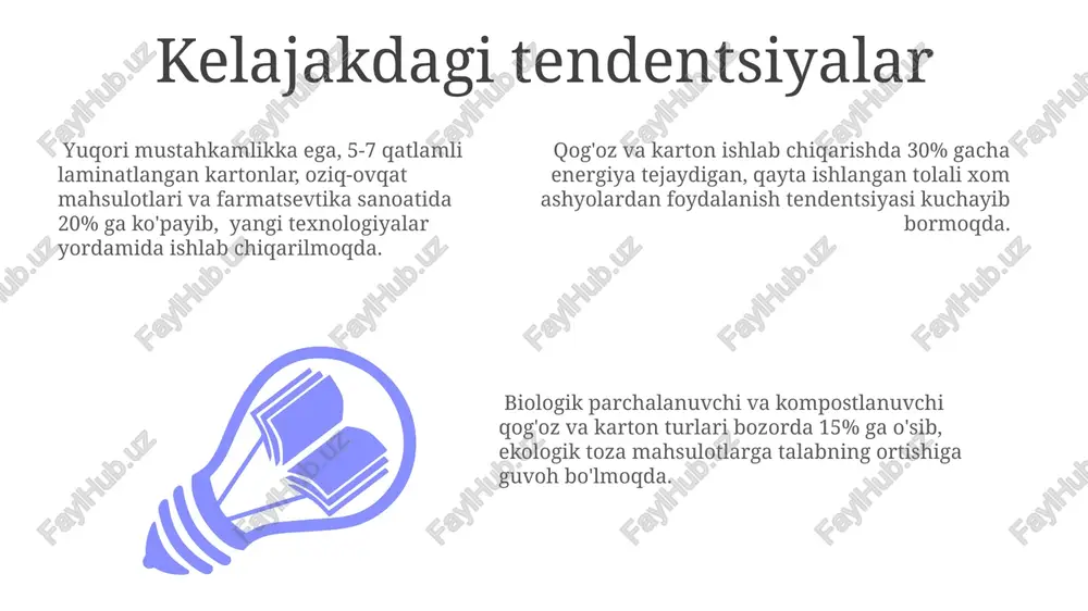 qatlamlardan iborat bo'lib, katta yuklarni ko'tarish uchun mos keladi. qog'ozning grammaji 40 dan 300 g/m² gacha o'zgarib, turli xil bosma mahsulotlar, masalan, vizitkalar, bukletlar yoki plakatlar uchun mos keladigan xususiyatlarga ega bo'ladi. e'tiboringiz uchun rahmat @taqdimot_robot image1.jpeg image2.jpeg image3.jpeg