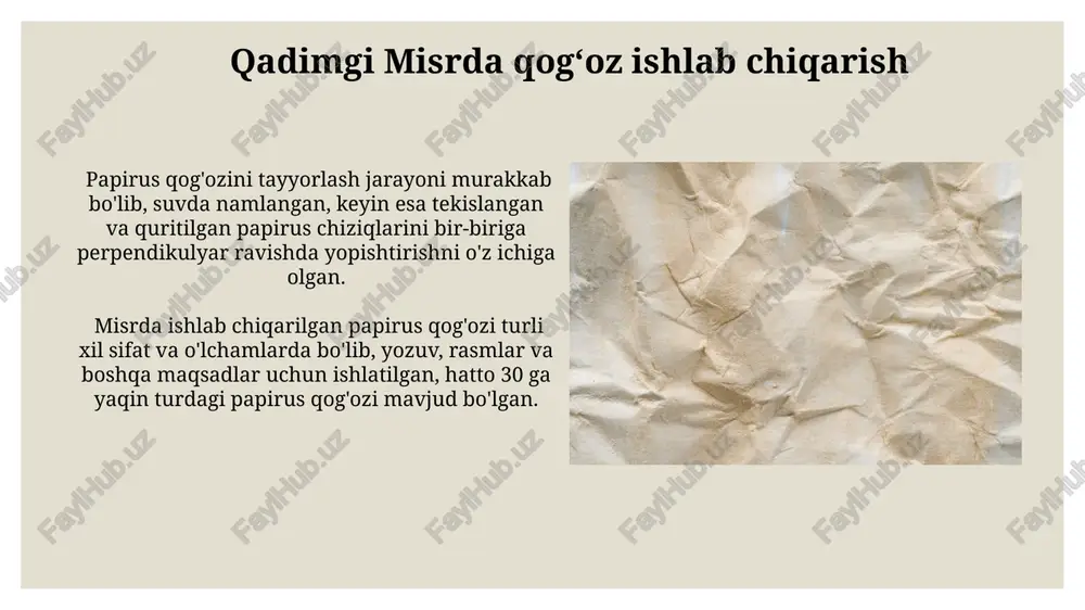 gʻliq boʻlib, bir varaq qogʻozning narxini sezilarli darajada arzonlashtirdi. oʻrta asrlarda qogʻoz oʻrta asr qogʻozlari turli xil xom ashyo, masalan, paxta, zigʻir va boshqa oʻsimlik tolalaridan tayyorlangan boʻlib, ularning sifati va narxi xom ashyoning turiga bogʻliq edi. qoʻlyozma kitoblarning keng tarqalishi tufayli oʻrta asrlarda qogʻozga talab keskin oshdi, bu esa qogʻoz ishlab chiqarish texnologiyalarining takomillashuviga va yangi ishlab chiqarish usullarining paydo boʻlishiga olib keldi. xitoydagi qogʻoz yasash texnologiyalari qogʻoz ishlab chiqarishning qadimgi xitoy usullari, taxminan 2000 yildan ortiq davom etgan boʻlib, bir necha bosqichdan, shu jumladan, tolalarni maydalash, aralashtirish va quritishdan iborat edi. xitoylik hunarmandlar tomonidan ishlab chiqarilgan qogʻozning sifati va mustahkamligi, oʻziga xos formulalar va maxsus texnologiyalar tufayli, boshqa mamlakatlardagi hamkasblaridan ancha yuqori boʻlgan. e'tiboringiz uchun rahmat @taqdimot_robot image3.jpg image4.jpg image5.jpg image6.jpg image7.jpg image8.jpg image9.jpg image10.jpg image11.jpg image12.jpg image13.jpg image14.jpg