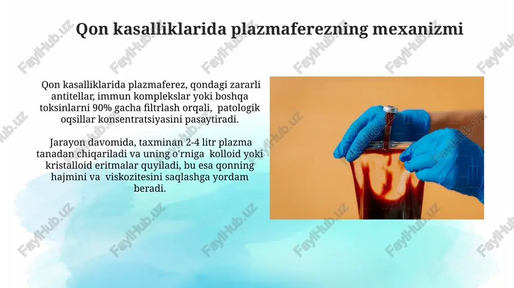 a yanada yaxshi natijalar beradi. plazmaferez o'tkir holatlarda tezkor yordam sifatida ishlatilishi mumkin bo'lsa-da, surunkali kasalliklar uchun u asosan boshqa davolash usullari, masalan, kortikosteroidlar bilan birga qo'llaniladi. plazmaferezning qo'llanilishi neyropatik sindromlarni davolashda plazmaferez, qondagi patologik antitellarni yo'q qilish orqali, asab tizimiga ta'sirini kamaytirish uchun 5 dan 15 seansgacha buyurilishi mumkin. gipertenziv krizlarda plazmaferez, qon bosimini tez tushirish va qon plazmasidagi toksinlarni olib tashlash uchun, boshqa usullar samarasiz bo'lganda, favqulodda yordam sifatida qo'llanilishi mumkin. savol-javob plazmaferezdagi asoratlarning chastotasi taxminan 2-5% ni tashkil etadi va asosan gipovolemiya va allergik reaktsiyalar bilan bog'liq. qon kasalliklarida plazmaferezni samaradorligini aniqlash uchun o'rtacha 5-7 protsedura kerak bo'lishi mumkin, ammo bu kasallikning og'irligiga bog'liq. plazmaferezning kelajagi sun'iy plazma almashinuvi tizimlarini yaratish bo‘yicha olib borilayotgan ishlar 5-10 yil ichida plazmaferezning xavfsizlik va samaradorligini sezilarli darajada yaxshilashi mumkin. apheresis texnologiyalarining miniatyurizatsiyasi va uy sharoitida qo‘llanilishiga oid tadqiqotlar natijasida, 2030 yilga kelib, 10% dan ortiq bemorlar uyda plazmaferezni o‘tkazishi mumkin. …