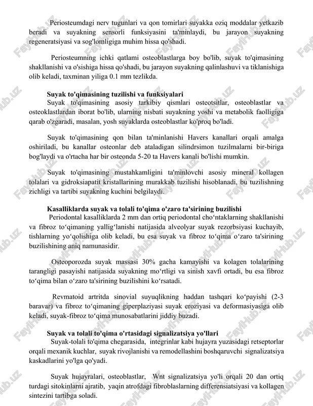'lanishning kuchini taxminan 10-20 mpa ga yetkazadi. periosteumdagi nerv tugunlari va qon tomirlari suyakka oziq moddalar yetkazib beradi va suyakning sensorli funksiyasini ta'minlaydi, bu jarayon suyakning regeneratsiyasi va sog'lomligiga muhim hissa qo'shadi. periosteumning ichki qatlami osteoblastlarga boy bo'lib, suyak to'qimasining shakllanishi va o'sishiga hissa qo'shadi, bu jarayon suyakning qalinlashuvi va tiklanishiga olib keladi, taxminan yiliga 0.1 mm tezlikda. suyak to'qimasining tuzilishi va funksiyalari suyak to'qimasining asosiy tarkibiy qismlari osteotsitlar, osteoblastlar va osteoklastlardan iborat bo'lib, ularning nisbati suyakning yoshi va metabolik faolligiga qarab o'zgaradi, masalan, yosh suyaklarda osteoblastlar ko'proq bo'ladi. suyak to'qimasining qon bilan ta'minlanishi havers kanallari orqali amalga oshiriladi, bu kanallar osteonlar deb ataladigan silindrsimon tuzilmalarni bir-biriga bog'laydi va o'rtacha har bir osteonda 5-20 ta havers kanali bo'lishi mumkin. suyak to'qimasining mustahkamligini ta'minlovchi asosiy mineral kollagen tolalari va gidroksiapatit kristallarining murakkab tuzilishi hisoblanadi, bu tuzilishning zichligi va tartibi suyakning kuchini belgilaydi. kasalliklarda suyak va tolali to'qima o'zaro ta'sirining buzilishi periodontal …