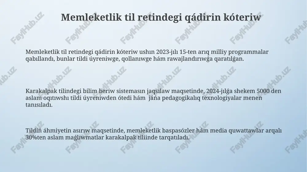áhmiyeti onlayn-sawtashılıq platformalarında karakalpak tilindegi mal-mülk ta'ripleriniń sanı artqan sayin, miynet bazarındaǵı talap artıp, 5000-den aslam yeni jumıs orınların jaratıwı múmkin. karakalpak tilindegi it-xızmetlerge bolǵan talap, programma ta'riplerin awdarıw, onlayn-társilerdiń payda bolıwı arqalı 10% ten aslam ósip, júdá kóp mutaxassislerge jumıs orınların beredi. miynet bazarında karakalpak tilindegi kontenttiń 20%-dan aslam ulıwma ulıwma paydalanıwǵa iye bolıwı, ekonomikalıq jaqtan da, mádeniy jaqtan da, áhmiyetli. jazıw dástúri «jazıw dástúri»niń ózgeshelikleri arasında 20-shi ásırdaǵı fonetikalıq özgerislerdiń tásiri men 10-nan aslam harftiń qosılıwı yamasa alınıwı kórinedi. «jazıw dástúri»niń tárixiy rawajlanıwında 4 basqısh ayqınlanıp, hár birewi qansha waqıt dawam etkenligi men qanday gráfiyalardıń qollanılǵanı anıqlanǵan. «jazıw dástúri» 1920-jıllardan baslap latın, kiril, árap gráfiyasında jazılıp kelgen, búǵan 30-dan artıq variantlar bar ekenligi belgilep ótiledi. ǵárezsizliktegi rawajlanıwı ǵárezsizlikte qaraqalpaq tilini oqıtıw boyınsha mekteplerdegi oqıtıw programmaları qayta kózden ótkizilip, jańa oqıwlıqlar jaratılg'an, bunıń nátiyjesinde bilim sapası jaqsılandı. ǵárezsizlikte qaraqalpaq tiliniń latın grafikasına köshiriliwi, 1990-jıllardan baslap ámelge asırılıp, tildiń jańa …