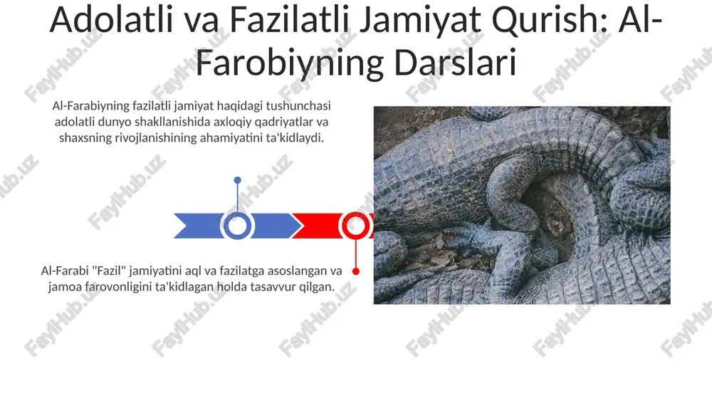 ir. al-farobiyning g'oyalari va zamonaviy siyosiy fikr "fazil" jamiyati fazilat va bilimni ustuvor deb biladi, a'zolari esa mukammallikka intilib, umumiy yaxshilikka hissa qo'shadilar. al-farabi, faylasuf-shoh boshchiligidagi ideal jamiyatni tasavvur qilib, aql va adolatni ta'kidladi. fazil jamiyatga erishishdagi qiyinchiliklar uning g'oyalari bugungi kunda ham dolzarb bo'lib, adolatli va farovon jamiyatga erishish bo'yicha tushunchalarni taklif etadi. "fazil" jamiyatga erishish uchun jaholat, xurofot va axloqiy buzuqlikni yengish kerak. xulosa: al-farobiyning doimiy merosi al-farobiyning falsafasi ideal jamiyat uchun aql va fazilatni asosiy omil sifatida ta'kidlaydi. "fazil" jamiyati, adolat va bilim bilan ajralib turadigan, uning tushunchasi bugungi kunda ham dolzarb. axloqiy xulq-atvorning ahamiyati uning fikrlari hozirgi kunda ham dolzarb bo'lib, axloqiy rahbarlik, ta'lim va adolatli ijtimoiy tartibning ahamiyatini ta'kidlaydi. axloqiy xulq jamiyat uyg'unligi va gullab-yashnashi uchun juda muhim. adolat va tenglik fazil jamiyatda al-farobiyning "fazil" jamiyati haqidagi g'oyalari ijtimoiy adolat, shaxsiy mas'uliyat va jamiyatni yaxshilash uchun bilim va fazilatni izlash muhimligini ta'kidlagani uchun bugungi kunda …
