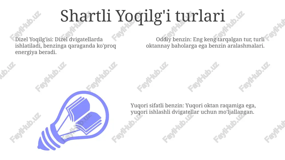 ogik ta'sir: shartli yoqilg'ining ishlab chiqarilishi va ishlatilishi emissiyalar va potentsial ifloslanish kabi ekologik oqibatlarga olib kelishi mumkin. shartli yoqilg'iga oid siyosat ko'rib chiqishlari ekologik ta'sir: potensial chiqindilar va havo sifati ta'sirlari haqida o'ylang. iqtisodiy ta'sir: iste'molchilar, ishlab chiqaruvchilar va davlat uchun xarajatlar va foydalarni tahlil qiling. yoqilg'i turlarini qayta ishlash va tarqatish uchun mavjud infratuzilmani baholang. shartli yoqilg'ining afzalliklari add text add text add text add text add text add text yaxshilangan ish faoliyati: aniq yonilg'i boshqaruv tufayli silliq tezlashuv va yaxshi javob berishni ta'minlaydi. kamroq chiqindilar: ifloslantiruvchi moddalarni kamaytirish orqali toza chiqindi gazlar uchun yonishni optimallashtiradi. yaxshilangan samaradorlik: dvigatel sharoitlariga qarab yoqilg'i yetkazib berishni moslashtirish orqali yoqilg'i sarfini kamaytiradi. shartli yoqilg'i sanoatining asosiy ishtirokchilari 01 02 03 totalenergies, chevron, conocophillips repsol, eni, equinor -> repsol, eni, equinor shell, bp, exxonmobil sales 1st qtr 2nd qtr 100 0 sales 1st qtr 2nd qtr 100 0 sales 1st qtr 2nd …